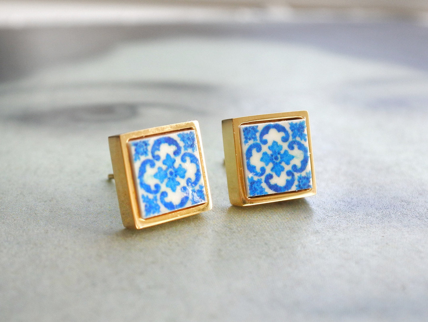 Stud Earrings Portugal Tile SOLID Stainless Steel Posts Antique Azulejo - BRaGA Blue Hypo Allergenic Ships from USA - Gift Boxed Gold Tone