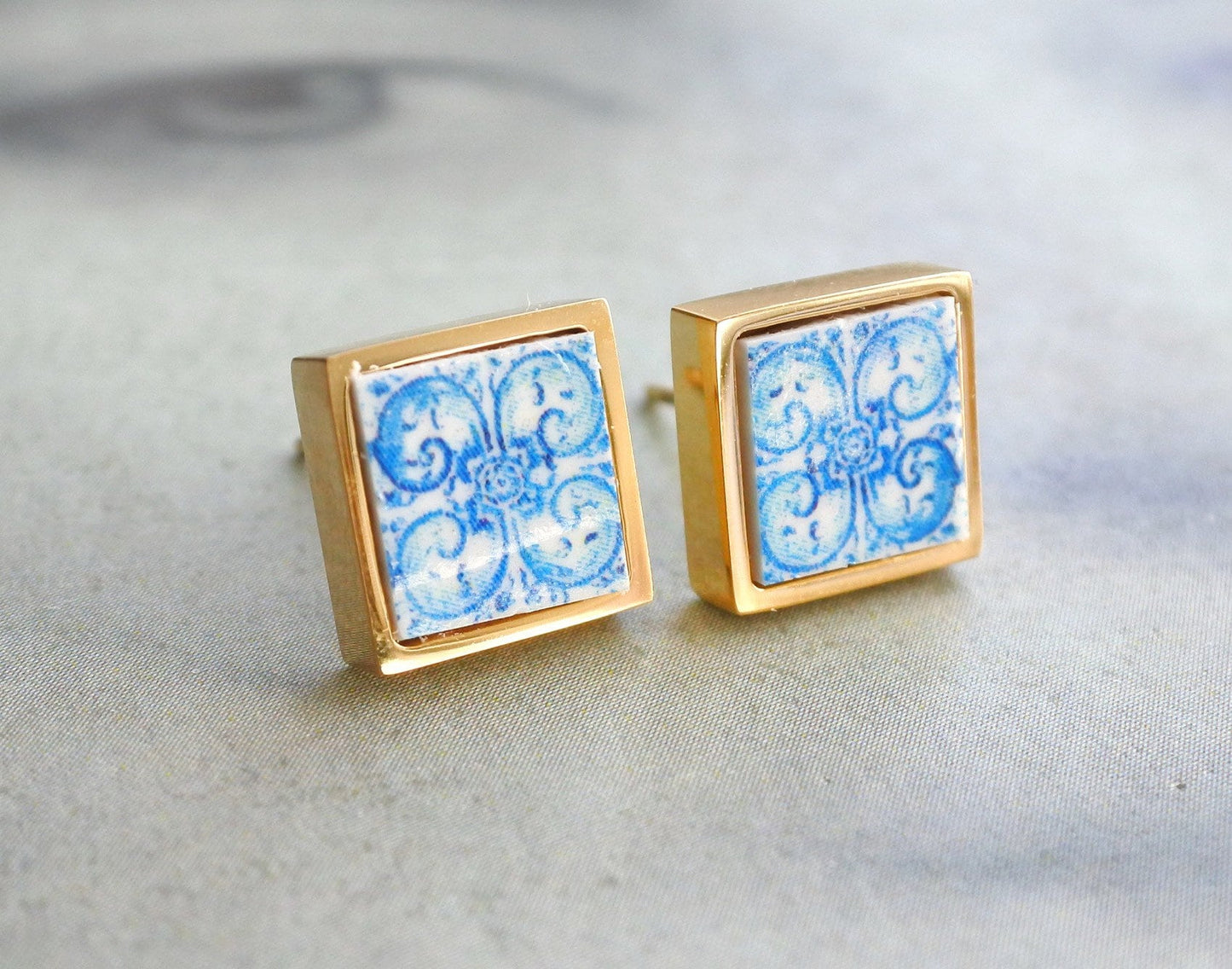 STUD Earrings Portugal Tile Atrio SOLID Stainless Steel Azulejo University of Évora founded in 1559 Hypo allergenic 700 Small Gold Tone