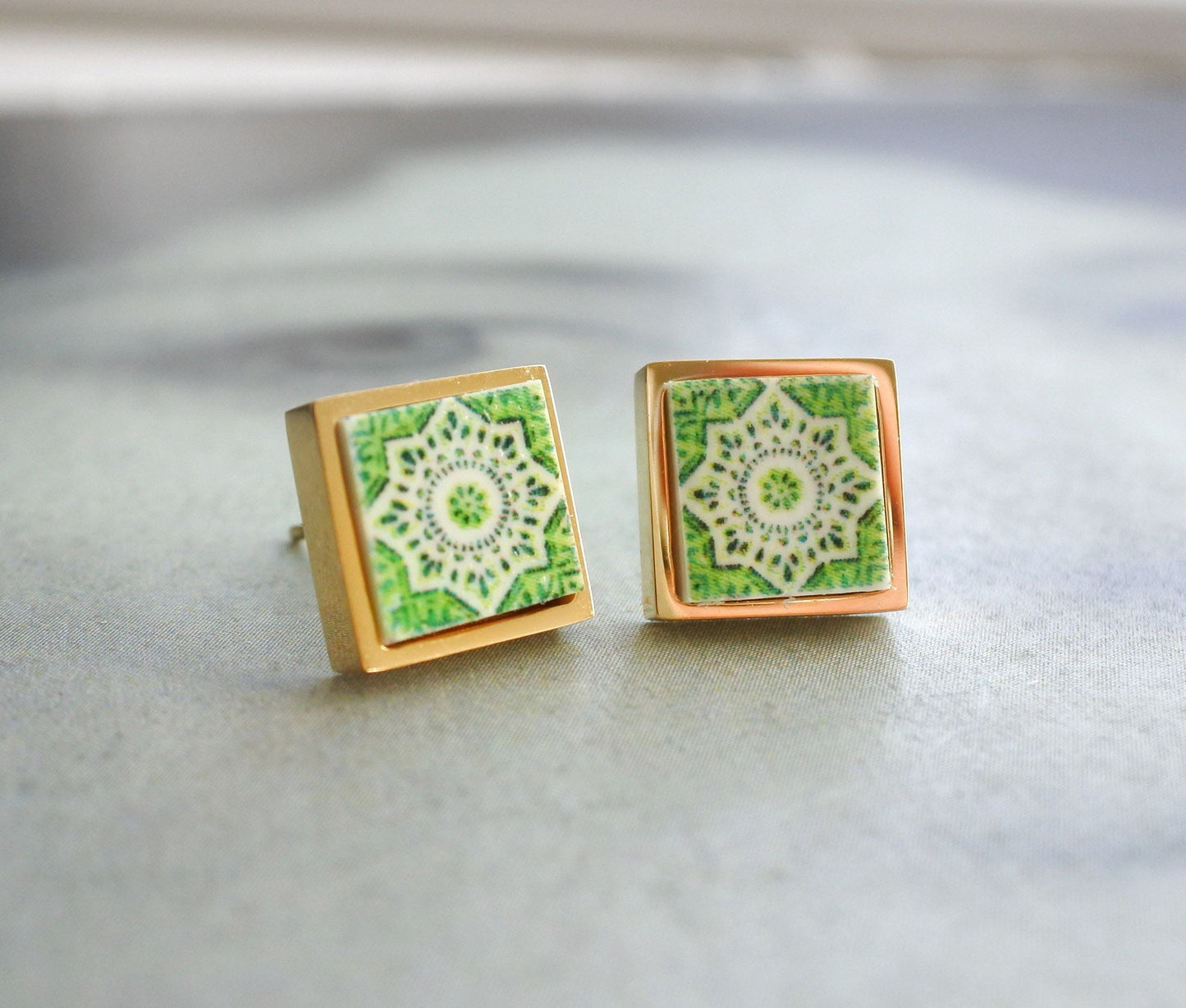 Stud Earrings Portugal Green Tile Post Atrio Ilhavo, SOLID Stainless Steel Hypo Allergenic Ships from USA GOLD Tone 490