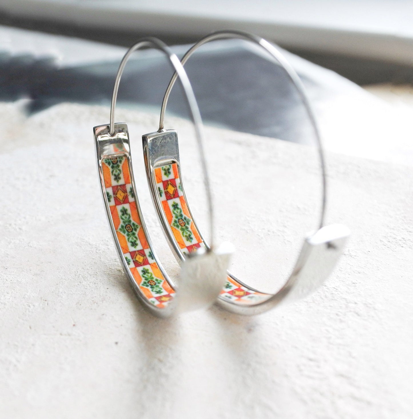 Hoops Atrio Earrings Tile Stainless Steel Hypoallergenic 1.50" Setubal Barreiro Portugal Azulejos Talavera Morocco Italian Ships from USA