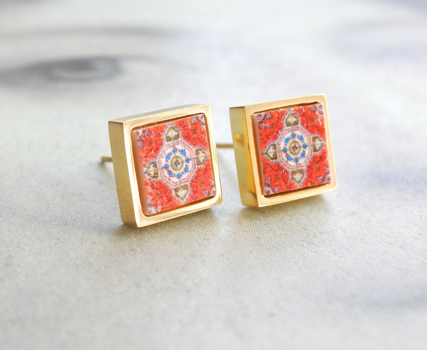 Stud Earrings Red Tile Portugal Azulejo - Válega SOLID Stainless Steel Posts Hypo Allergenic - for Her - Gift Boxed 598 SMALL Gold Tone