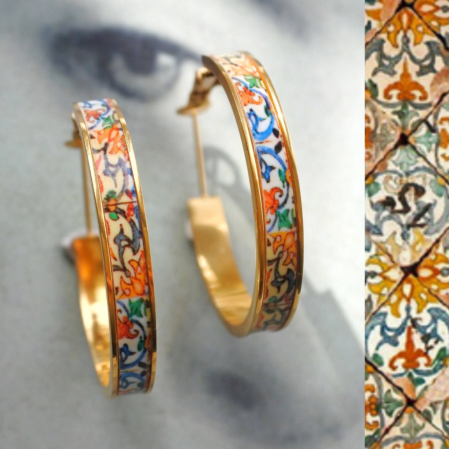 HOOP Earrings ATRIO Portugal Tile Antique Azulejo Pinterest CoIMBRA 1590 - Stainless Steel 1.25" Gift Box Included - Ships from USA