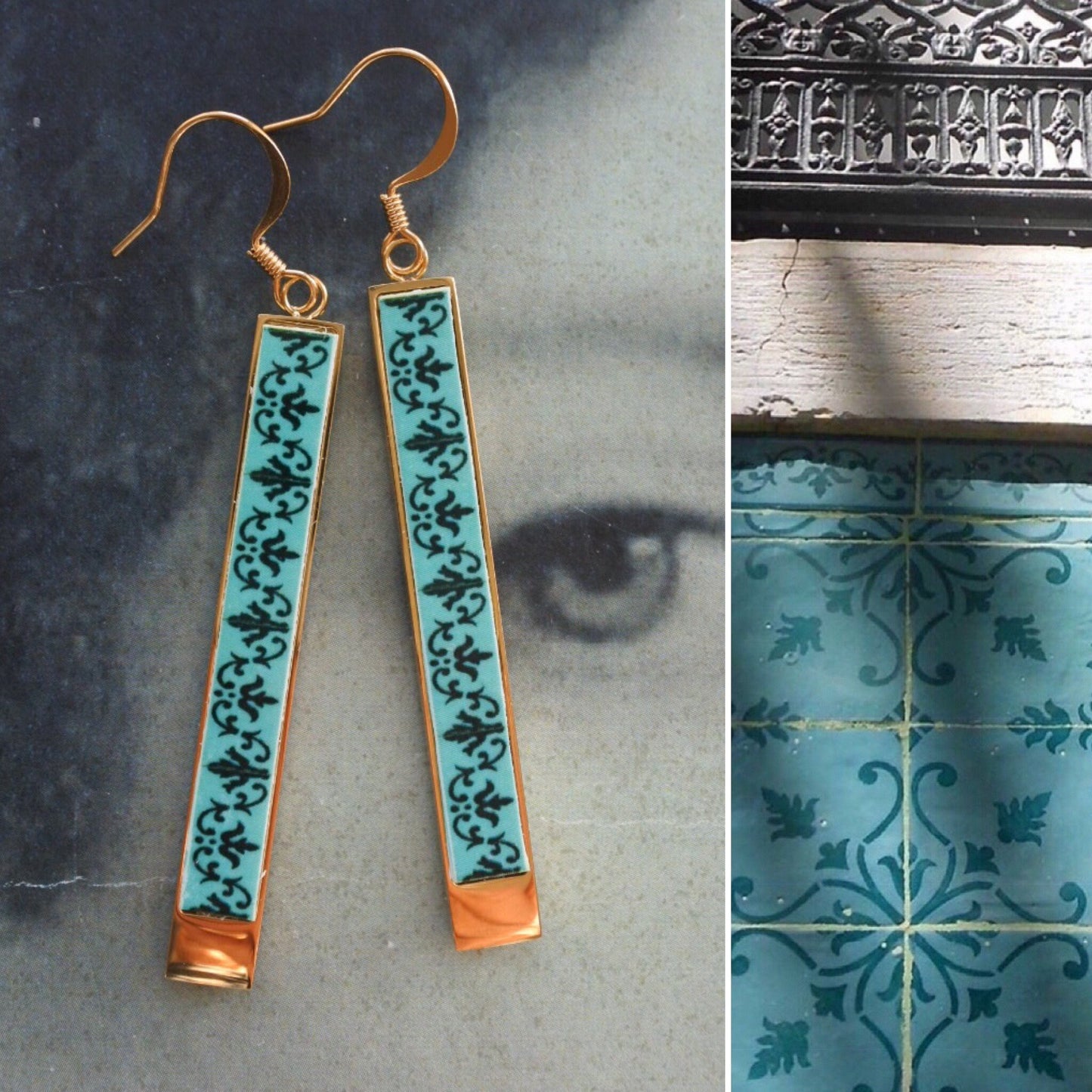 Earrings ATRIO Tile Portugal Bar Matchstick Teal Green Stainless Steel Antique Azulejo - 2.50" Sea Green Minimal Ships from USA 2 options