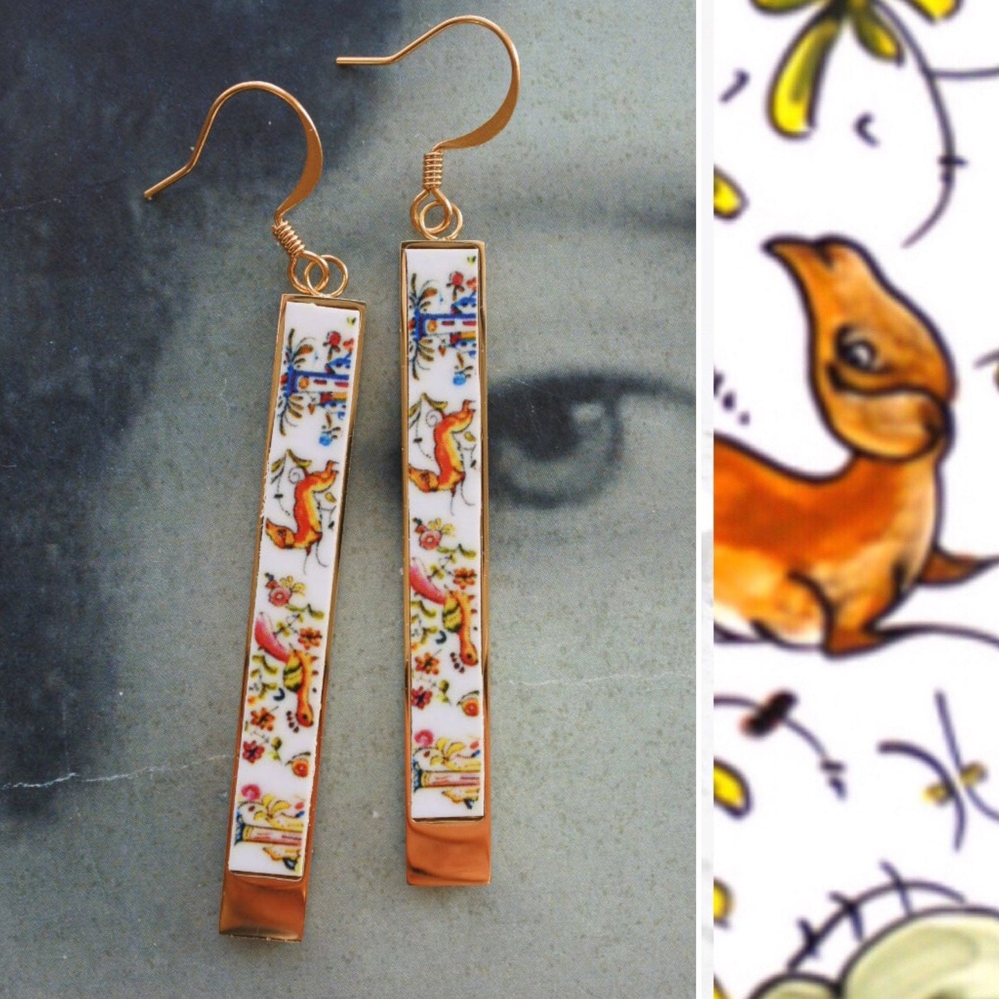 Atrio CoIMBRA Earrings Portugal 17th Century Pottery Matchstick Castle BAR Reversible Stainless Steel Whimsical 2 Options