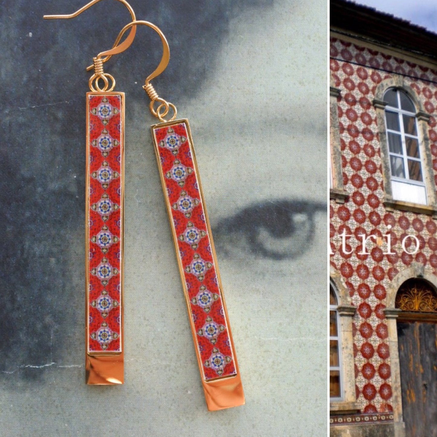 Earrings Red Tile Atrio Matchstick Bar Portugal Azulejos Válega Minimal Stainless Steel Gift Box USA ShIPPING Reversible 2 Options