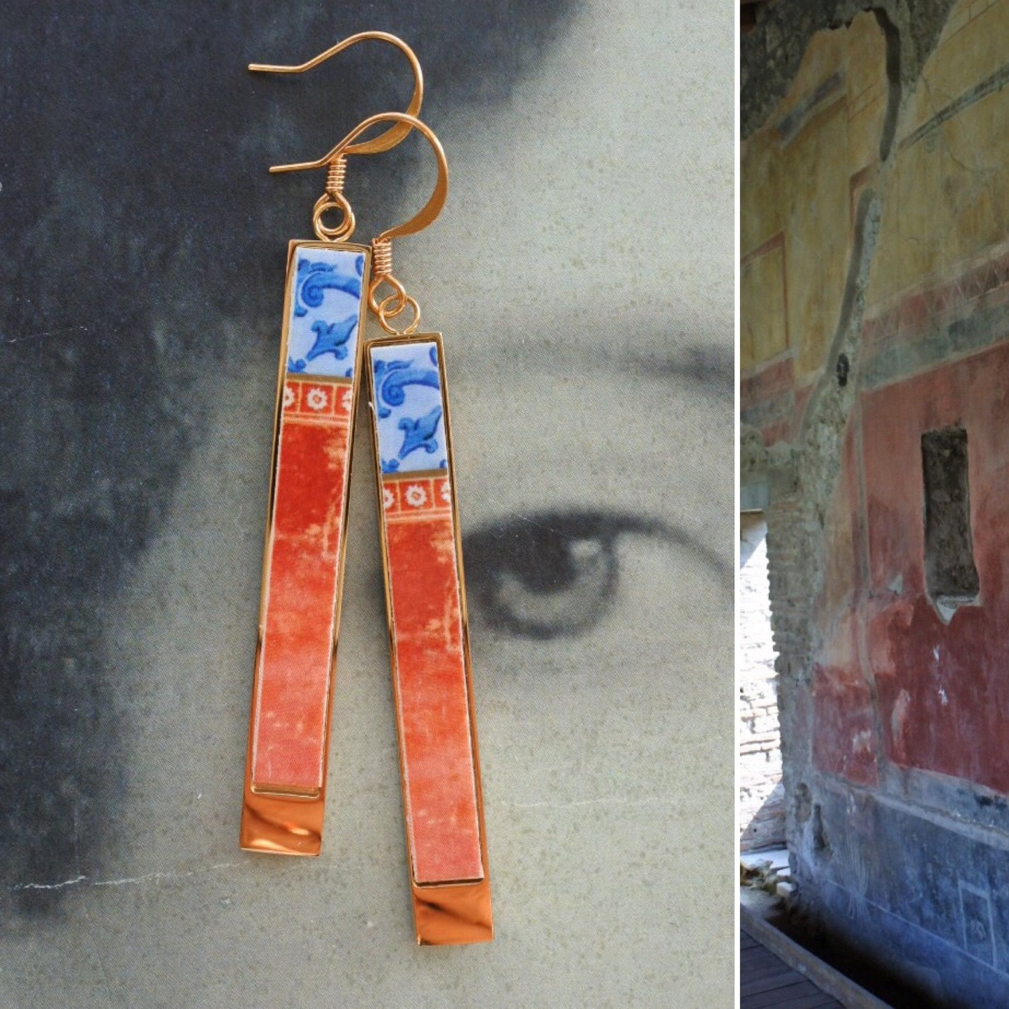 Atrio Earrings Bar Matchstick Portugal Tile Azulejo Aveiro, Red Pompeii Frescoes Asian Korean Stainless Steel Reversible 2 Options