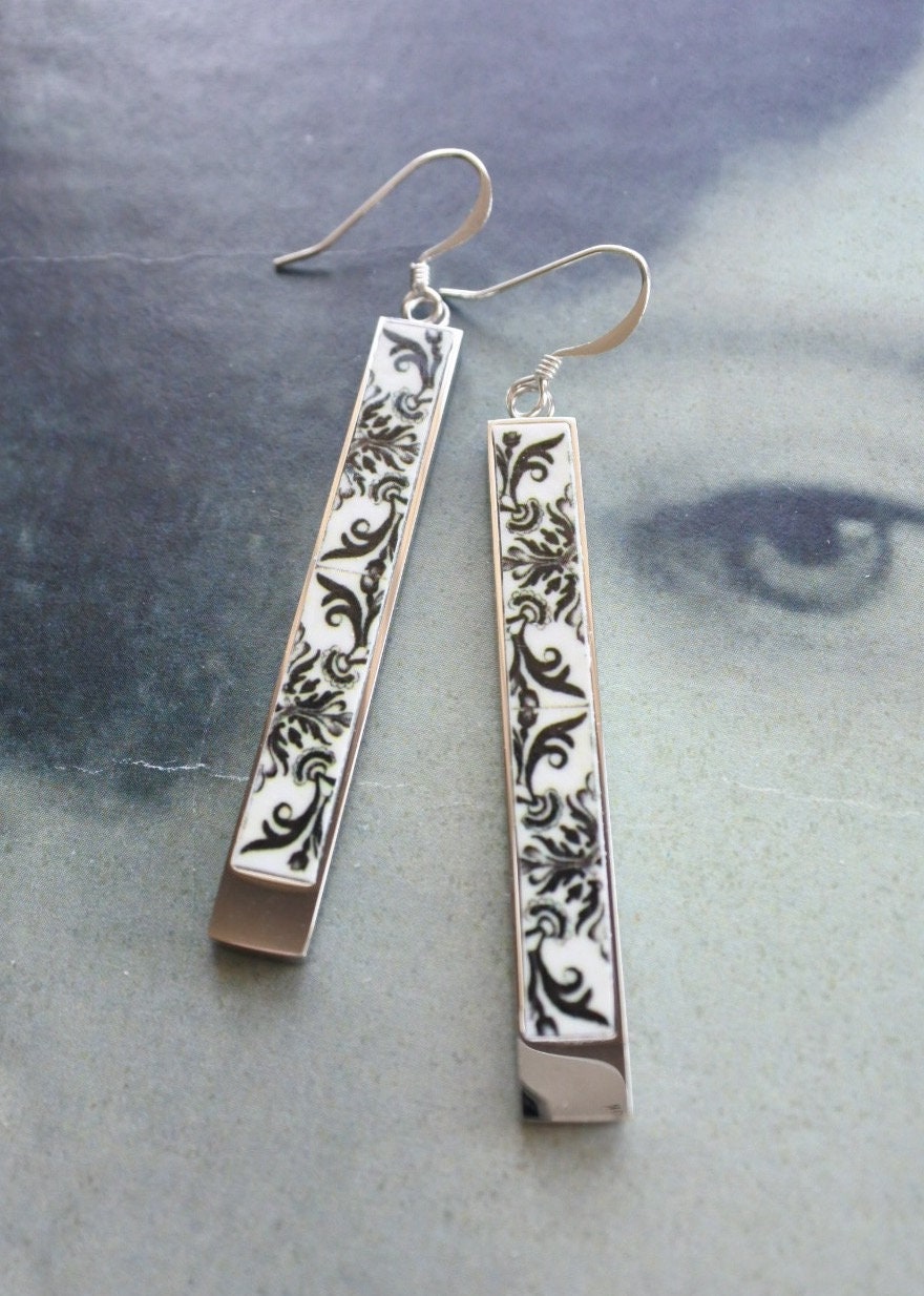 Atrio Matchstick Bar Earrings Black and White Tile Portugal Antique Azulejo STAINLESS Steel Minimal Church of Mercy PoRTO 2 Options