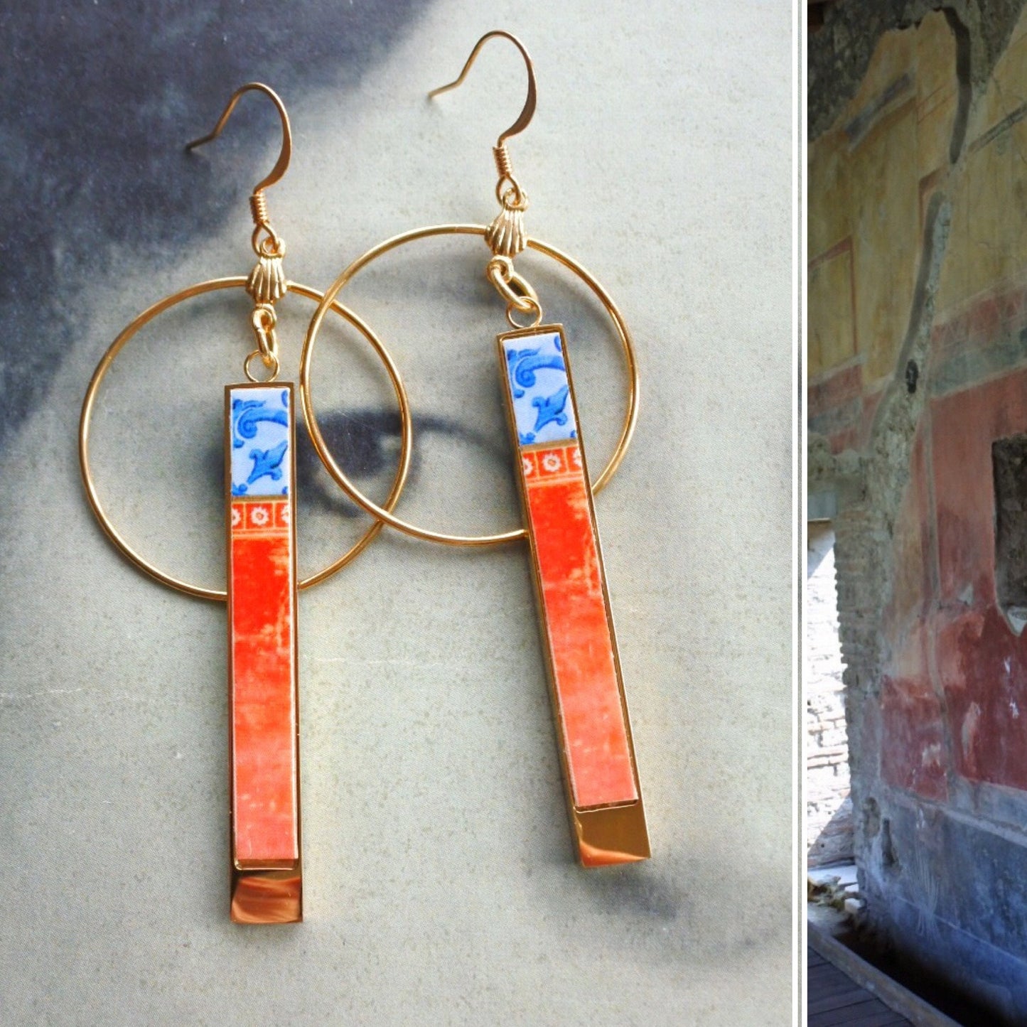 Atrio Earrings Circle Bar Matchstick Portugal Tile Azulejo Aveiro, Red Pompeii Frescoes Asian Korean Brass Reversible 2 Options