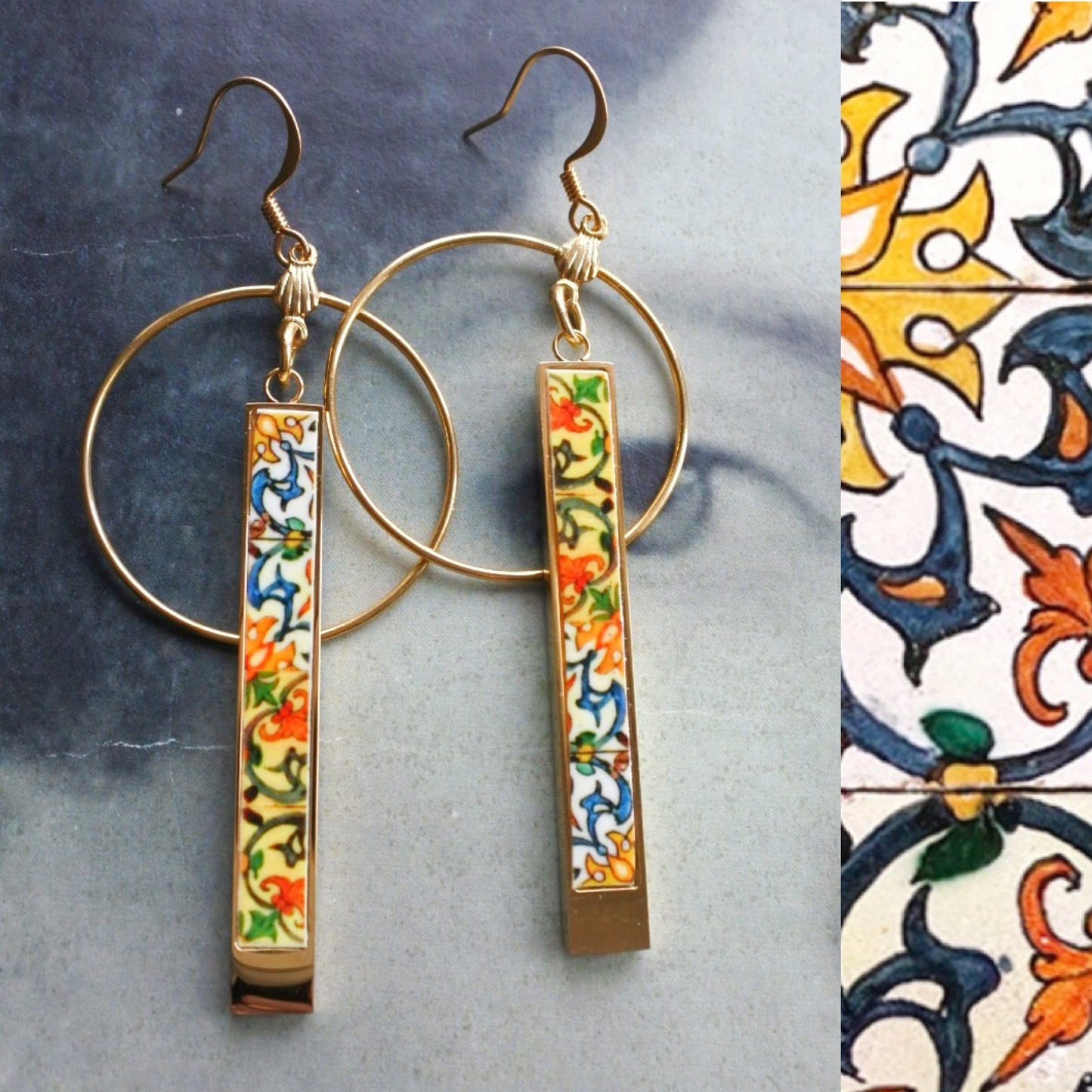 Earrings Circle Bar ATRIO Portugal Tile Antique Azulejo Pinterest CoIMBRA 1590 - Matchstick Gift Box Included - Ships from USA 2 Options