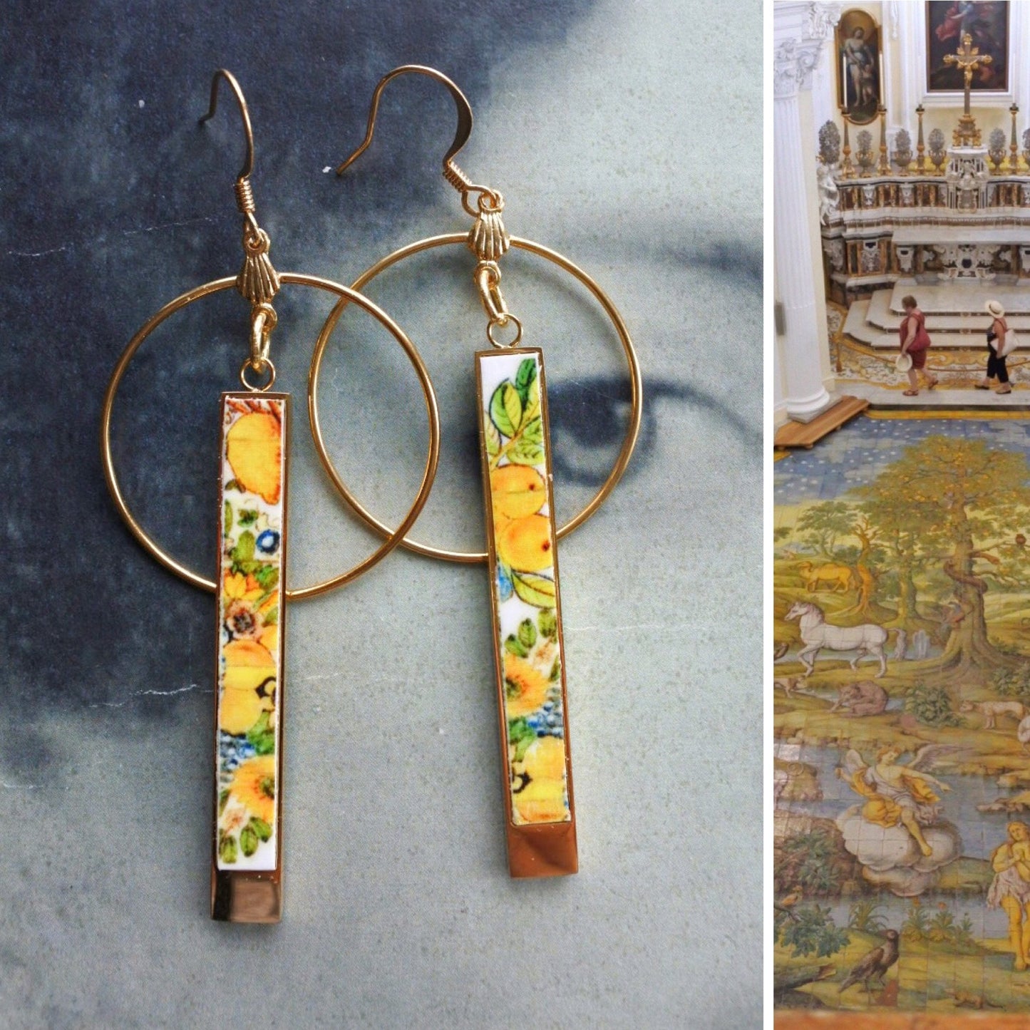 Atrio Earrings Capri Italy Circle Bar Italian LEMONS Church of St. Michael Anacapri 1761 Maoilica Majolica Matchstick Reversible 2 Options