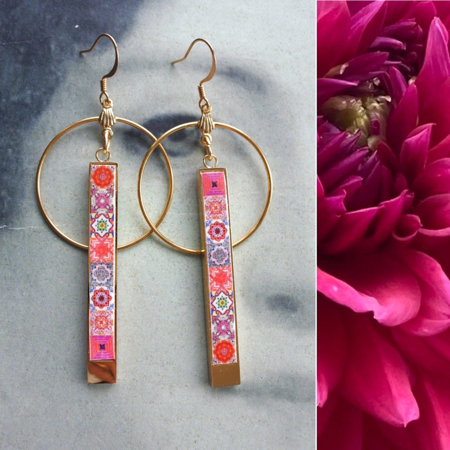 Earrings Tile Circle Bar Matchstick Red Tiles Atrio Portugal Azulejo Minimal - 3.20 " Stainless Steel Ships from USA 2 Options