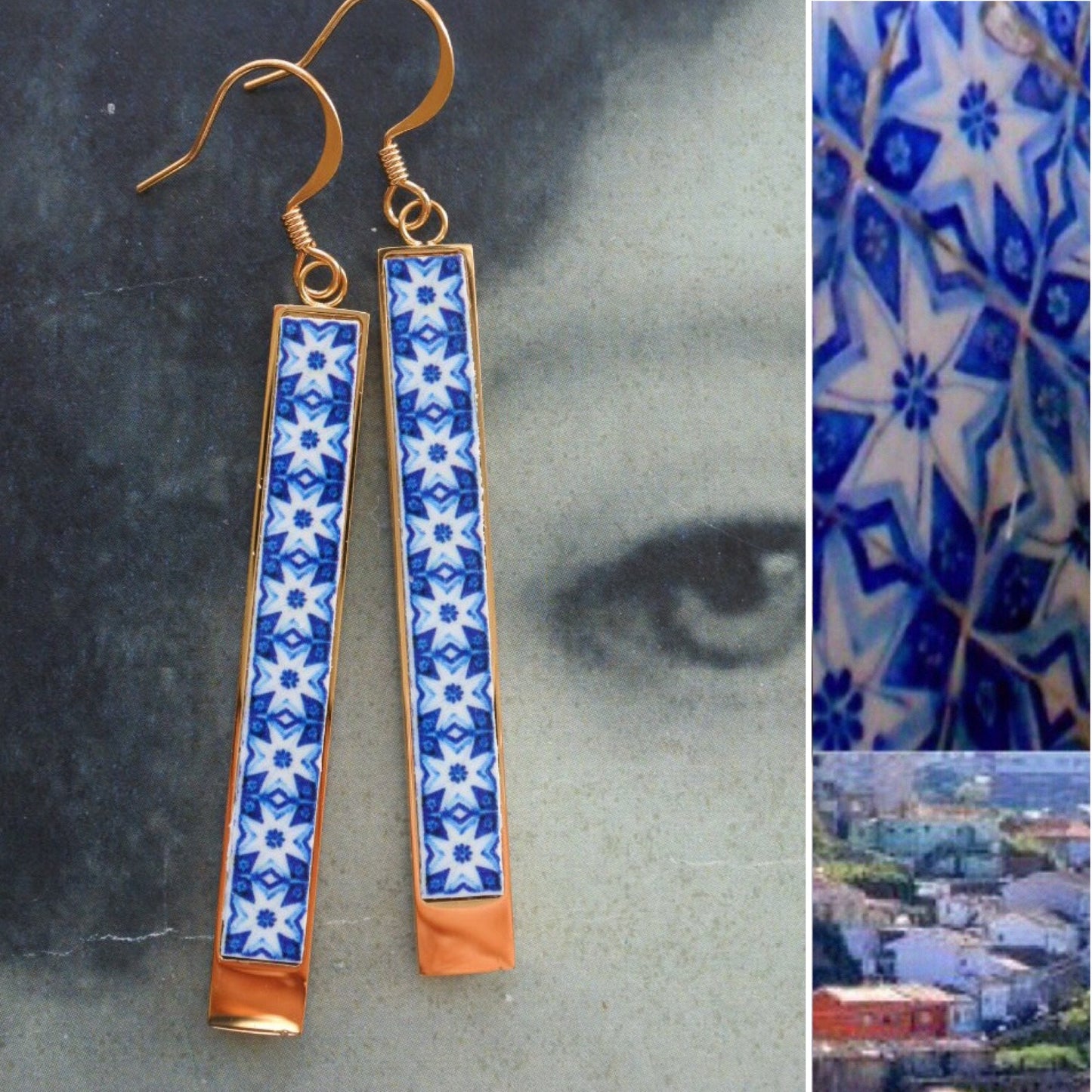 Earrings Tile Matchstick Atrio Portugal Blue Azulejo Antique Porto 2 1/2" Lightweight Stainless Steel Ships from USA 2 options