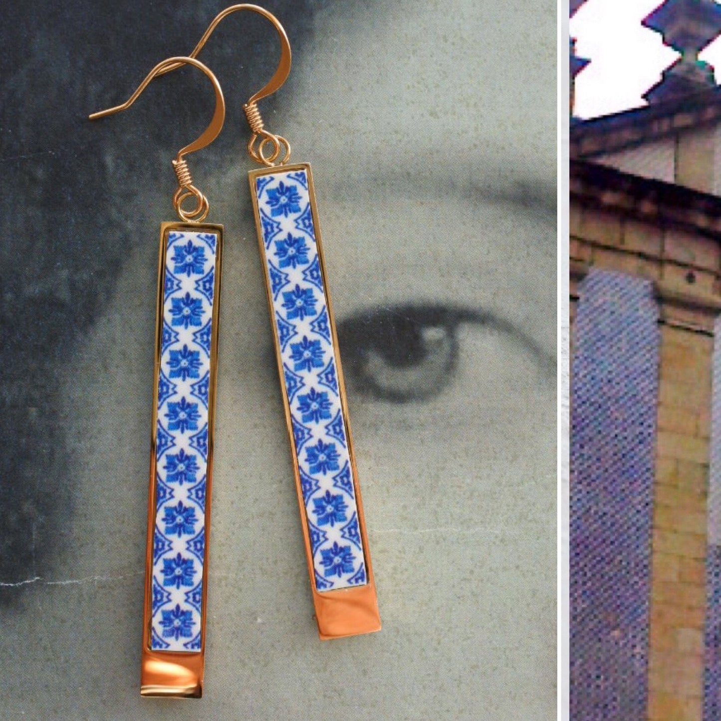 Earrings Bar Portugal Tile Atrio Matchstick Blue Azulejos Igreja de Sao Nicolau, 1671 Stainless Steel USA Shipping 2 Options