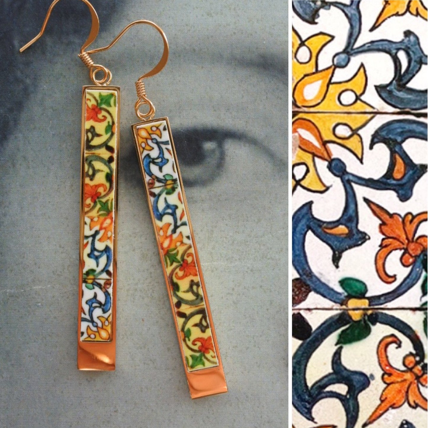 Earrings Bar ATRIO Matchstick Portugal Tile REVERSIBLE Antique Azulejo CoIMBRA 1590 Stainless Steel Ships from USA 2 Options