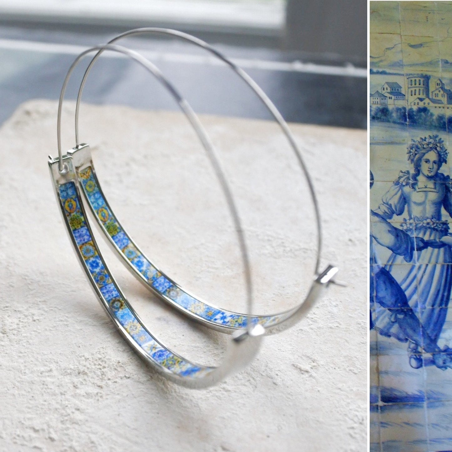 Hoops Atrio Earrings Tile STAINLESS STEEL Portugal Antique Azulejo Wire Flat Bottom Blue Gold Tiles Lightweight - 2" Silver Tone