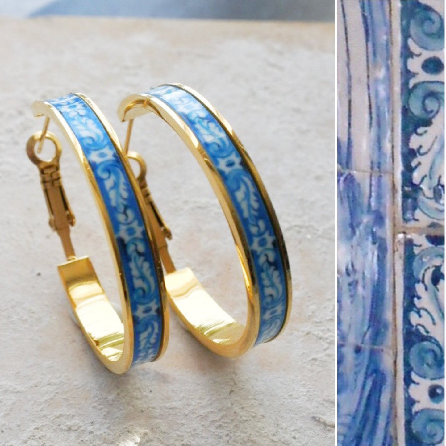 Hoops Earrings Hoop Atrio Tile Blue Portugal STAINLESS STEEL Azulejo University of Evora Delicate 1.25" Ships from USA gold tone
