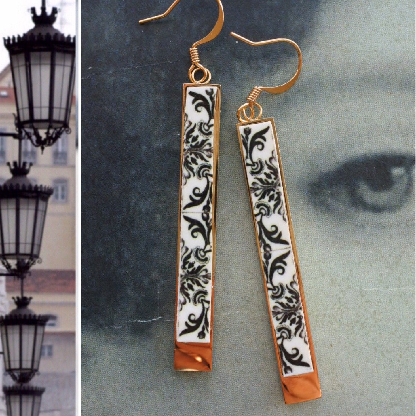 Atrio Matchstick Bar Earrings Black and White Tile Portugal Antique Azulejo STAINLESS Steel Minimal Church of Mercy PoRTO 2 Options