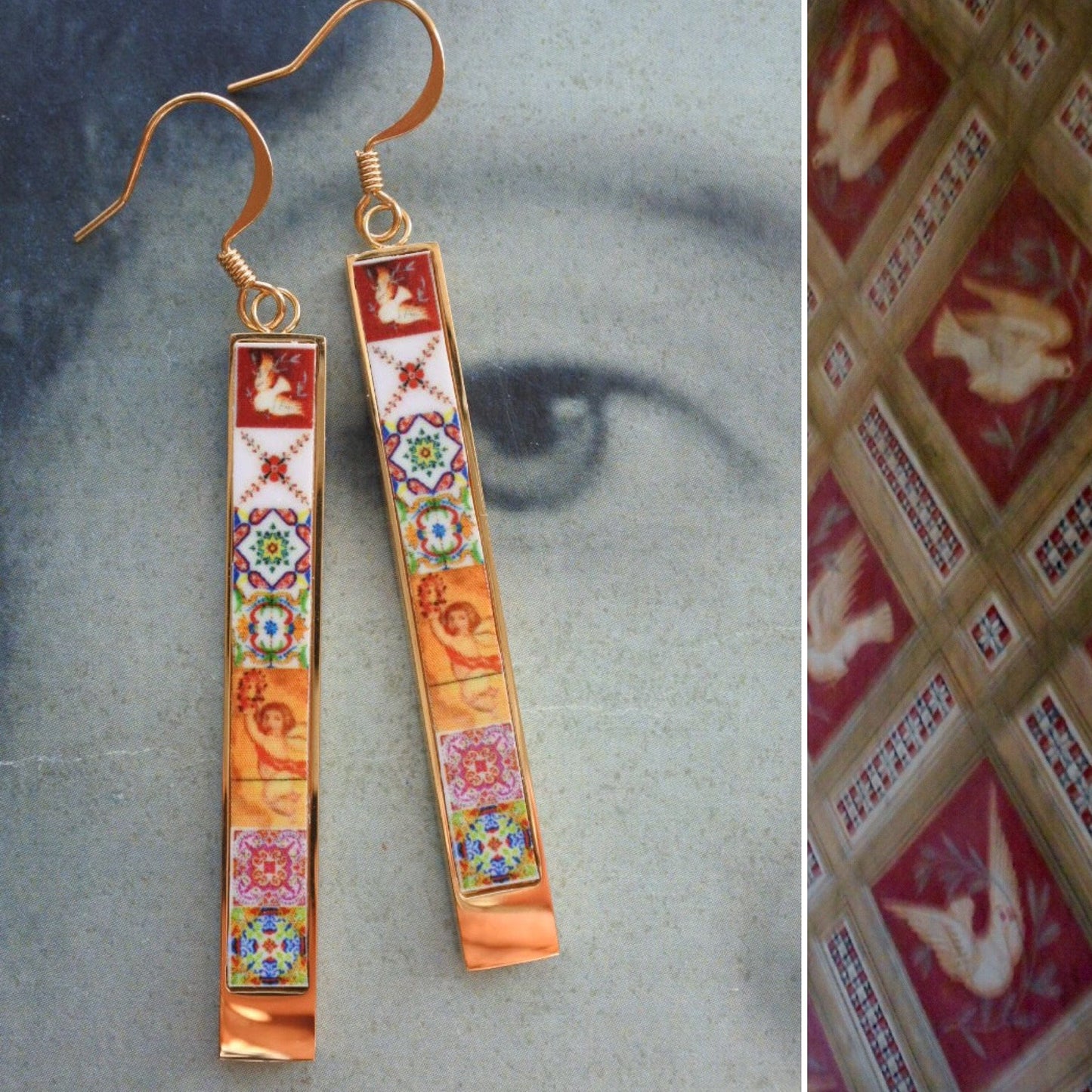 Atrio Bar Earrings Matchstick Doves Portugal Red Tiles Azulejos Palace of Sintra Ships from USA Stainless Steel Reversible 2 Options