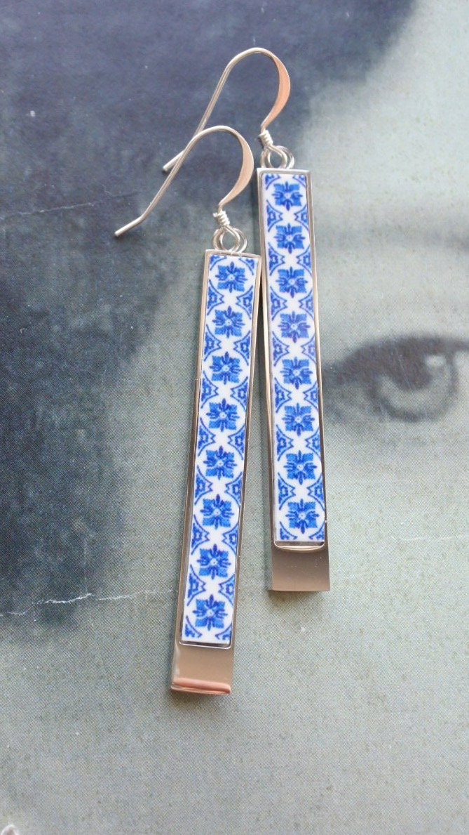 Earrings Bar Portugal Tile Atrio Matchstick Blue Azulejos Igreja de Sao Nicolau, 1671 Stainless Steel USA Shipping 2 Options