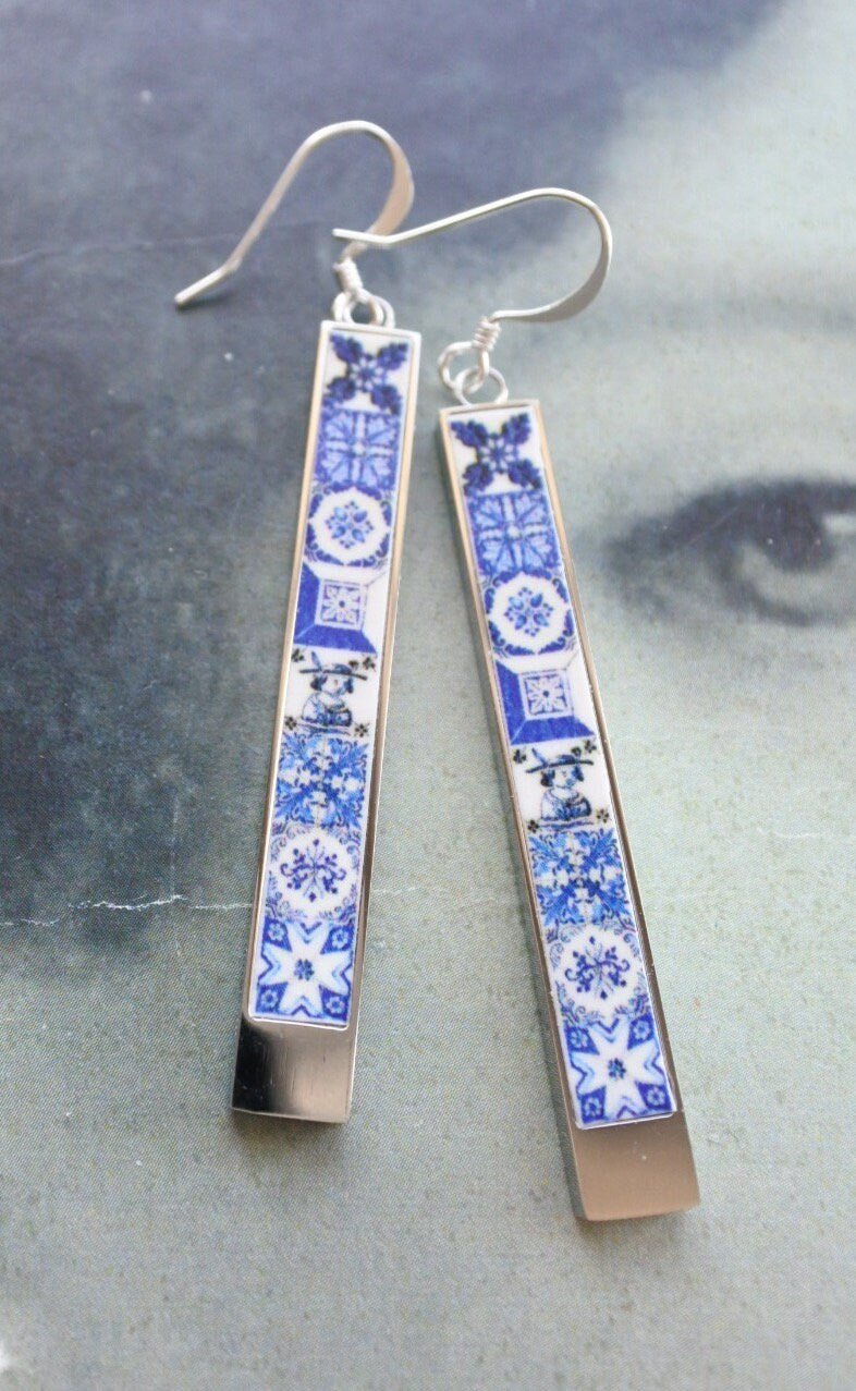 Bar Earrings Portugal Tile Atrio Matchstick Blue Azulejos Blue Tiles Stainless Steel Reversible USA Shipping Minimal 2 Options