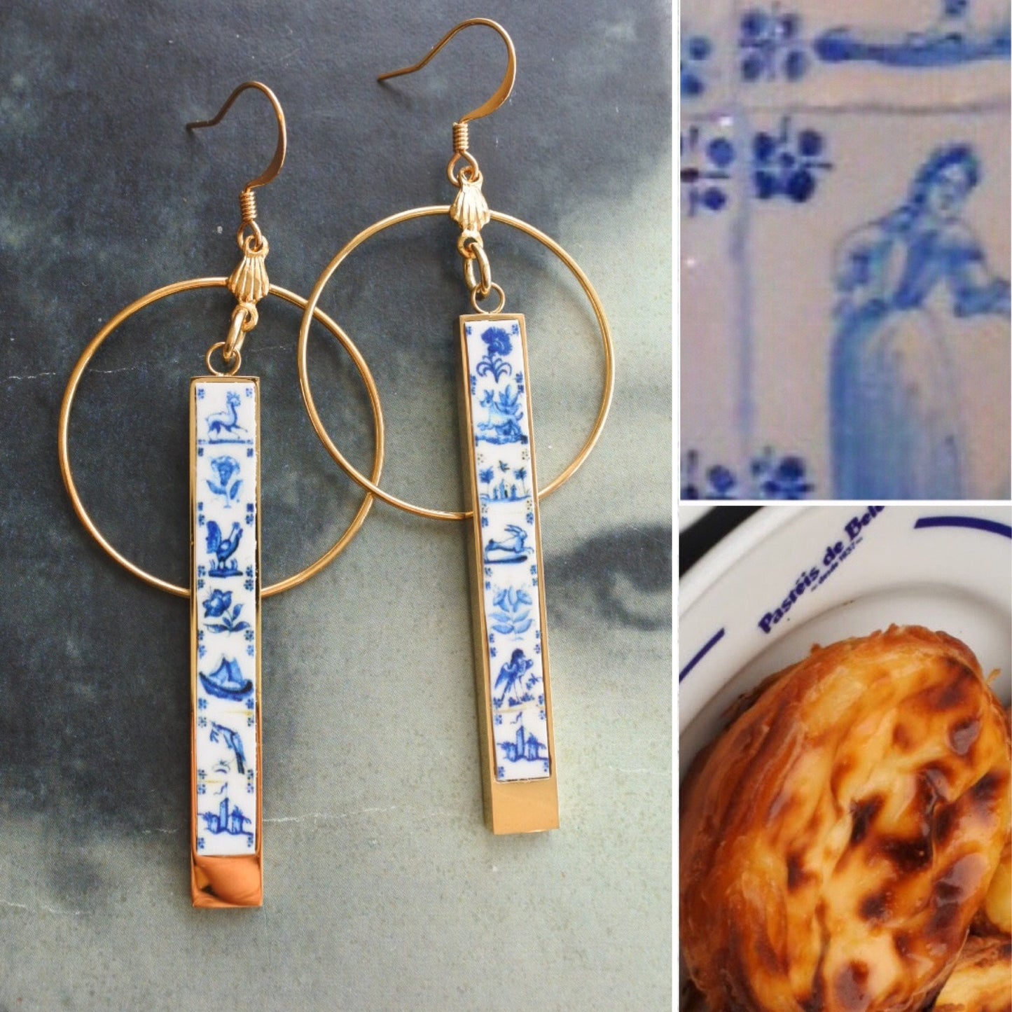 Atrio Earrings Circle Bar Matchstick Tiles Portugal Azulejo Delft Pasteis de Belem Minimal 3.20" Ships from USA Stainless Steel 2 Options