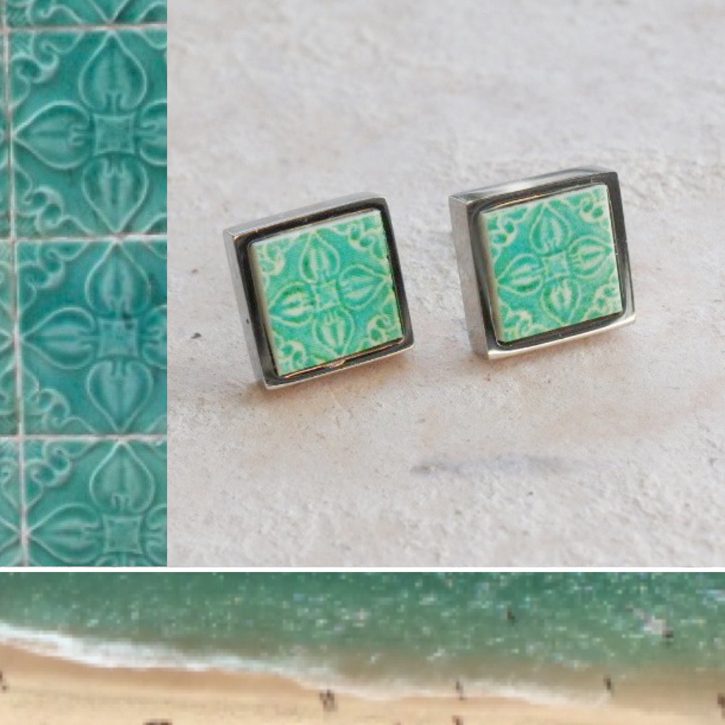Stud Earrings Portugal Tile Turquoise Post Azulejo Caldas da Rainha Persian Tiles Gift Boxed SOLID Stainless Steel Hypo Allergenic 889