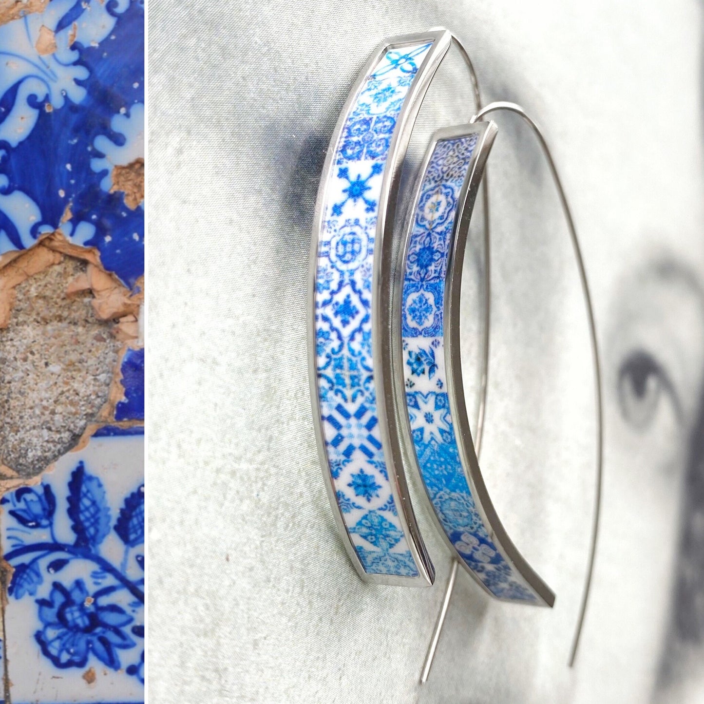 THREADER Earrings Atrio Tile Portugal Stainless Steel Antique Azulejo - Silver Tone Lightweight Blue Tiles USA Shipping Minimalist