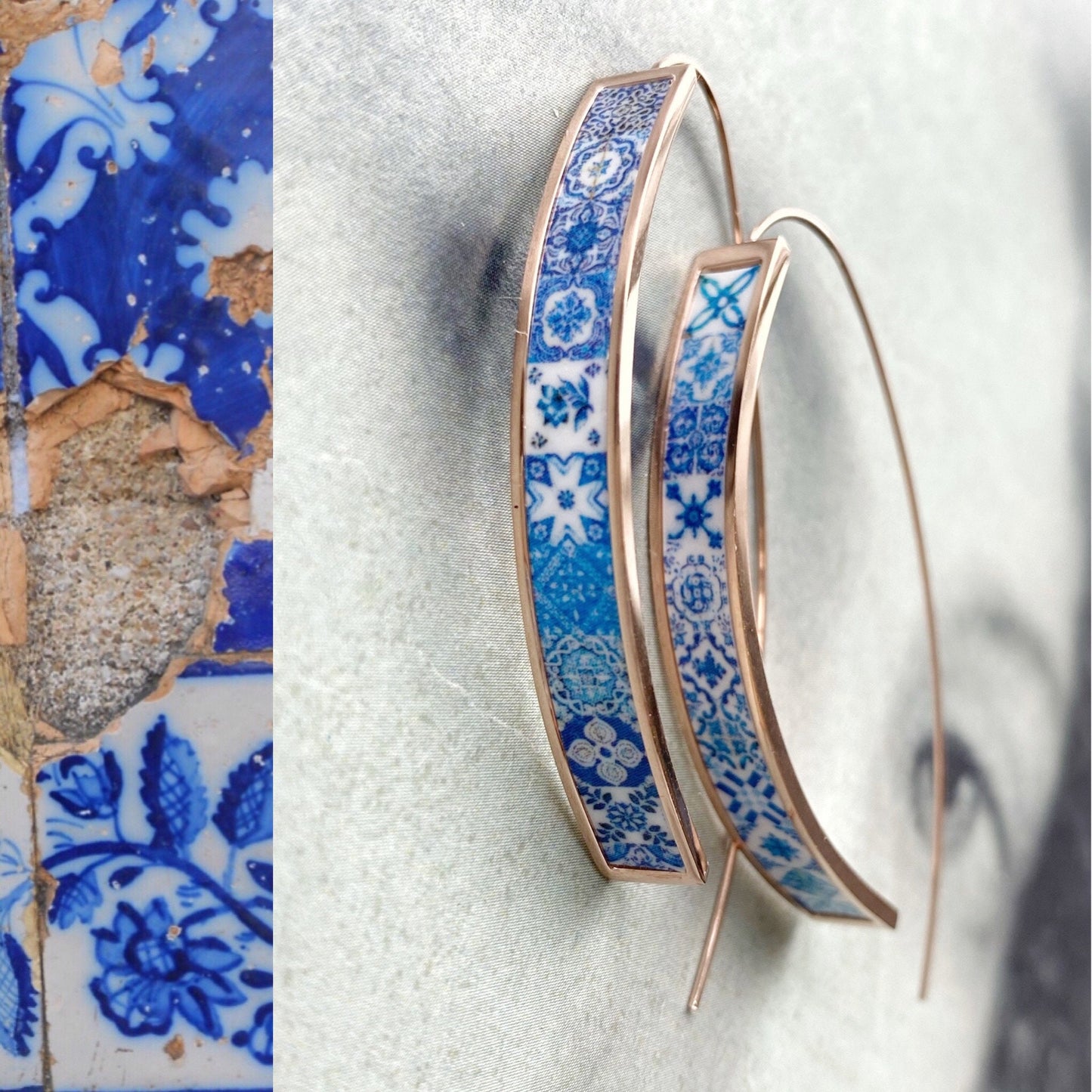 THREADER Earrings Atrio Tile Portugal Stainless Steel Antique Azulejo - Rose Gold Lightweight Blue Tiles USA Shipping Minimalist