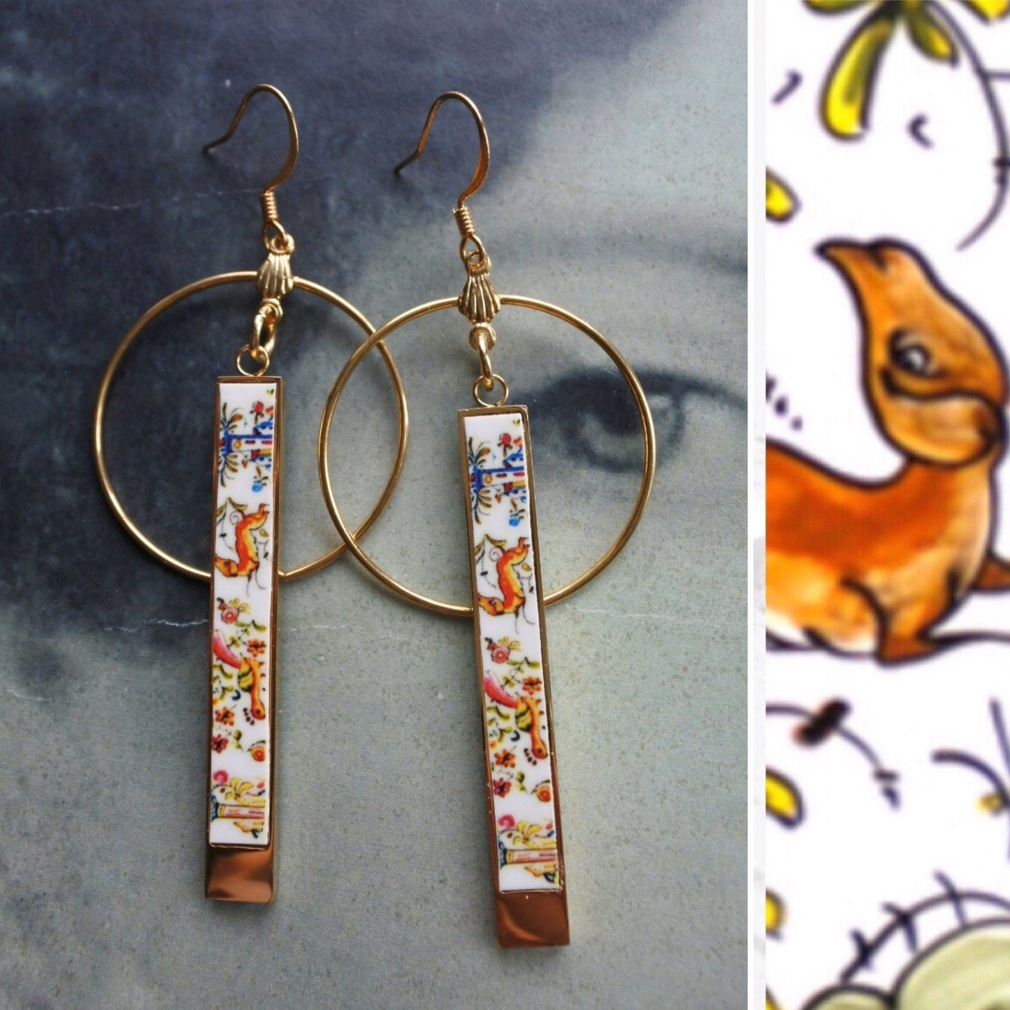 Atrio CoIMBRA Circle Bar Earrings Portugal 17th Century Pottery Matchstick Castle Reversible Ceramicas de Coimbra Whimsical 2 Options