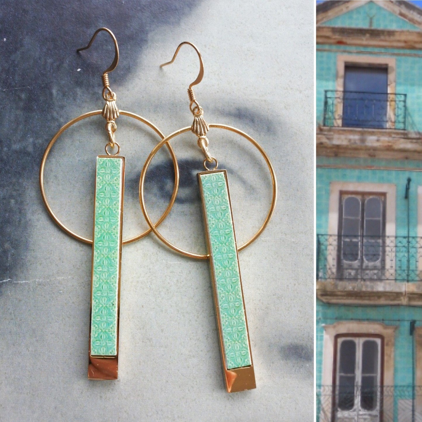 Earrings Atrio Matchstick Circle Bar Portugal Tile Turquoise Azulejo Caldas da Rainha Gift Boxed Hypo Allergenic minimal 2 Options