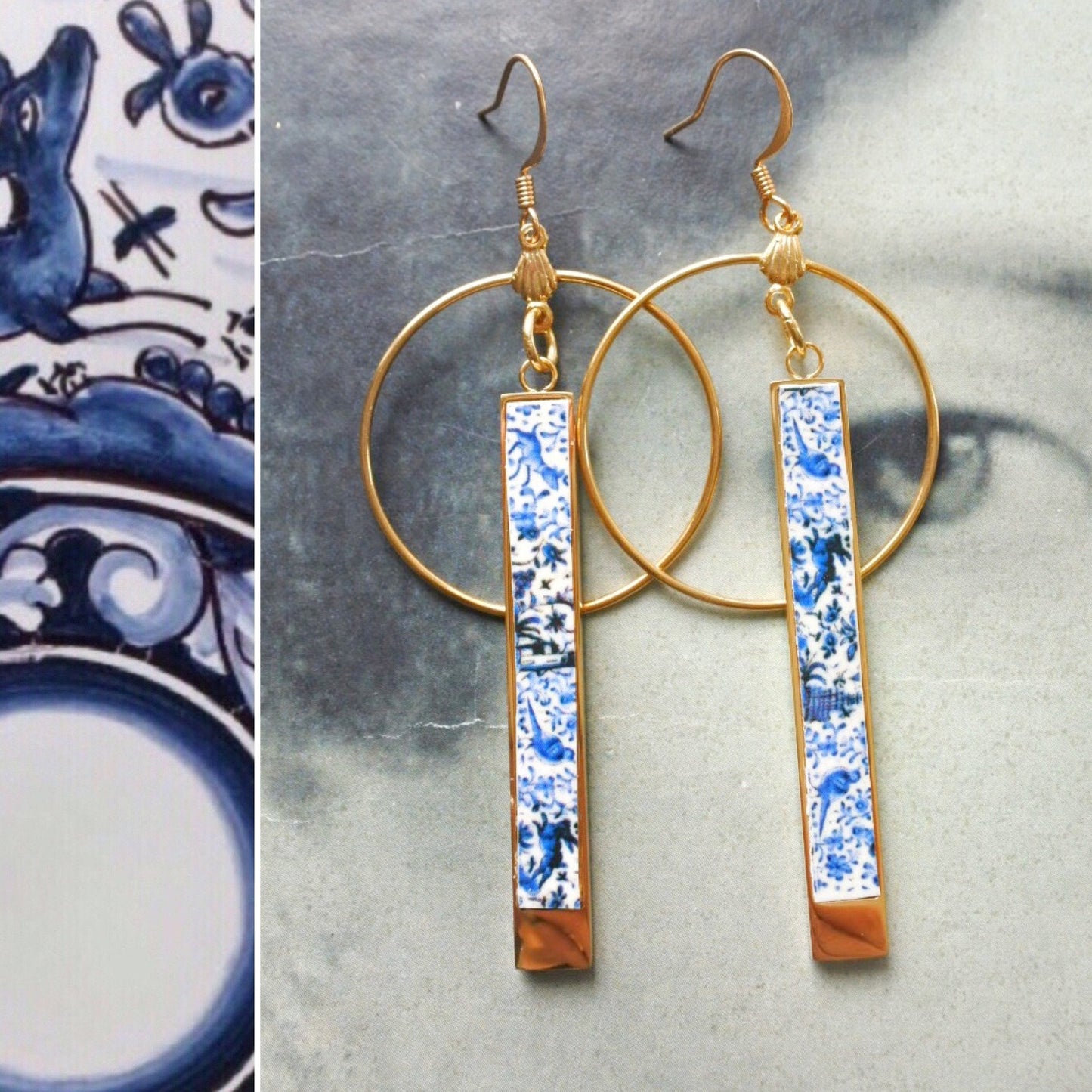 Atrio CoIMBRA Earrings Portugal 17th Century Pottery Matchstick Castle BAR Reversible Ceramicas de Coimbra Stainless Steel Willow