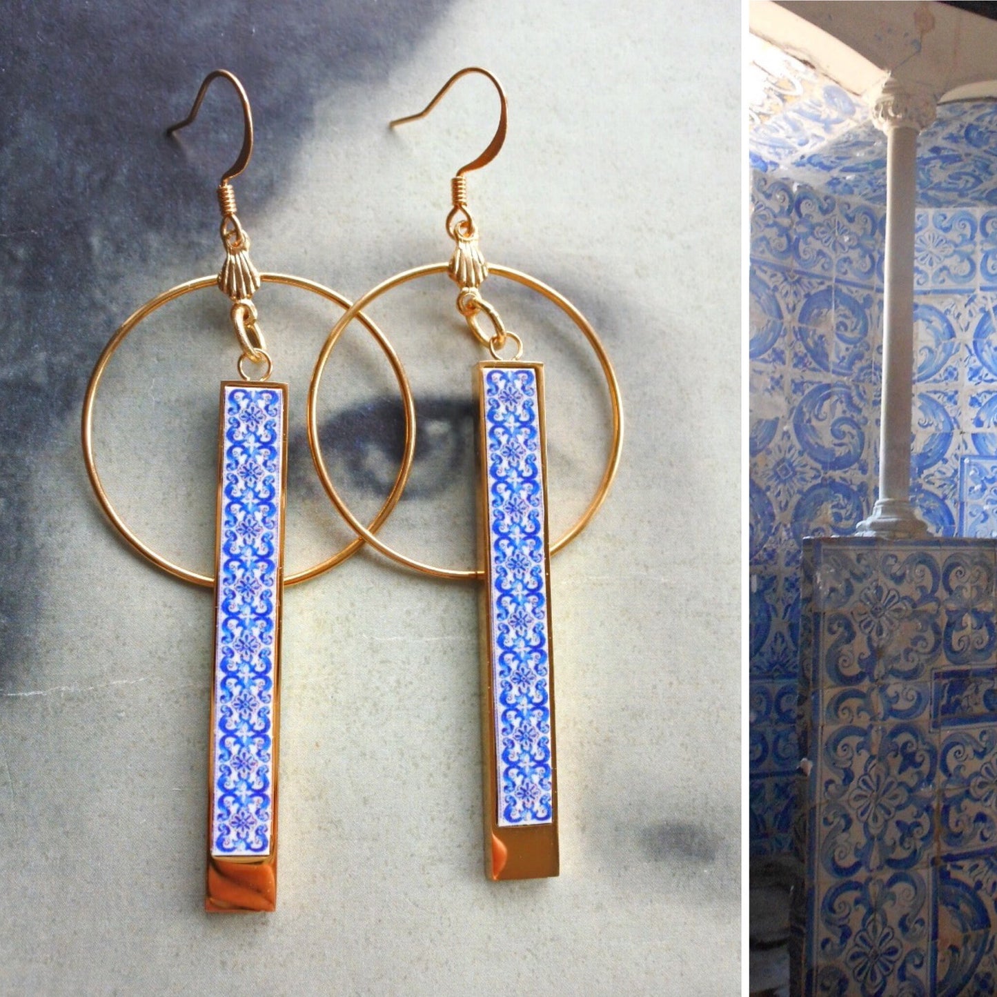 Bar Earrings ATRIO Circle Bar Matchstick Tile Portugal Stainless Steel Antique Azulejo - Blue AvEIRO Santa Joana Convent 1458 2 Options