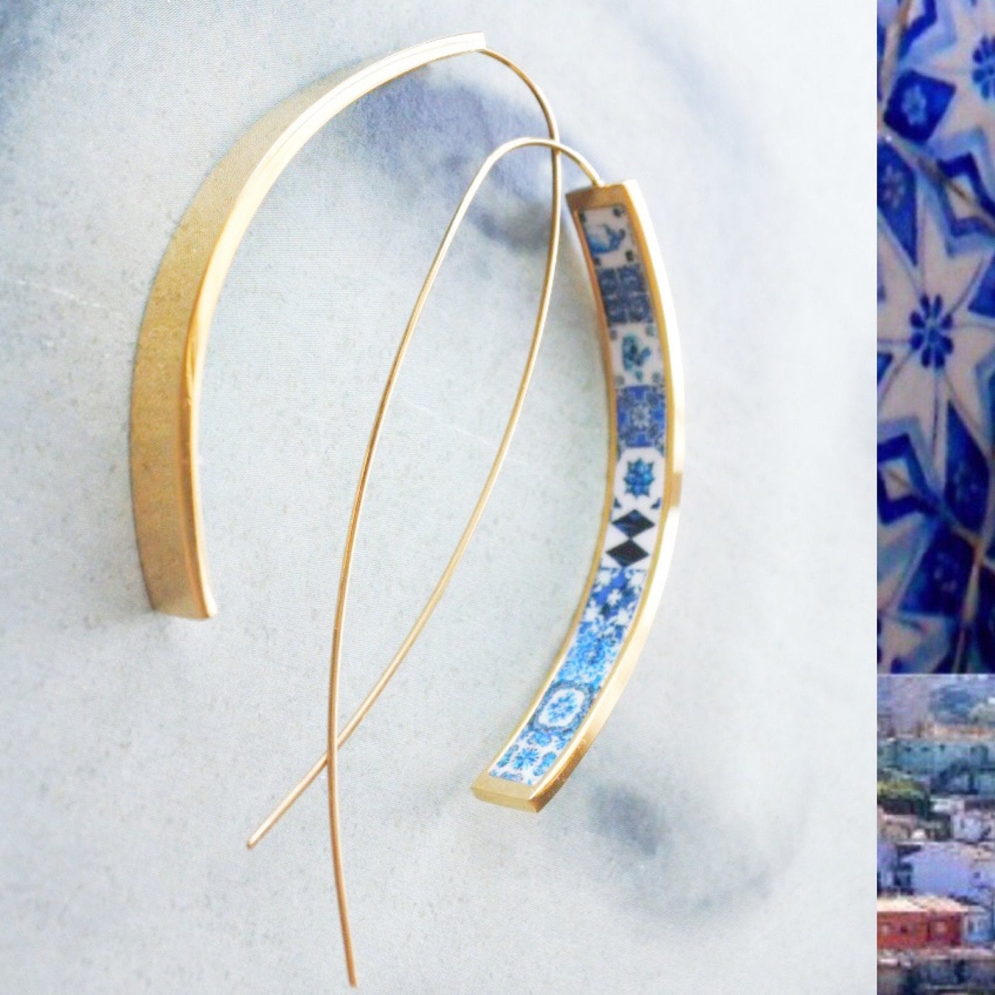 THREADER Earrings Atrio Tile Portugal Gold Stainless Steel Antique Azulejo - Tiles on Inside Lightweight Blue Tiles USA Shipping Minimalist