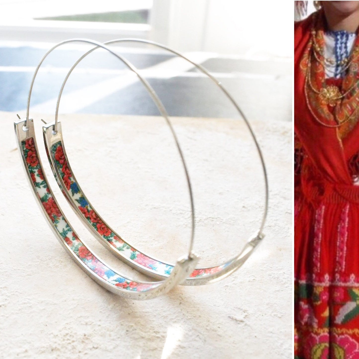 Atrio Earrings HOOPS Portugal Viana - Stainless Steel Hypoallergenic Folk Pavlovsky Posad Pavlovo Orenburg Downy Pashmina 2"