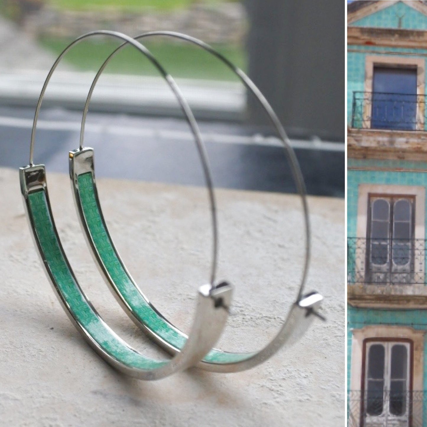 Atrio Flat Bottom Hoop Earrings Atrio Portugal Tile Turquoise Azulejo Caldas da Rainha Persian Tiles Stainless Steel Hypo Allergenic 2"