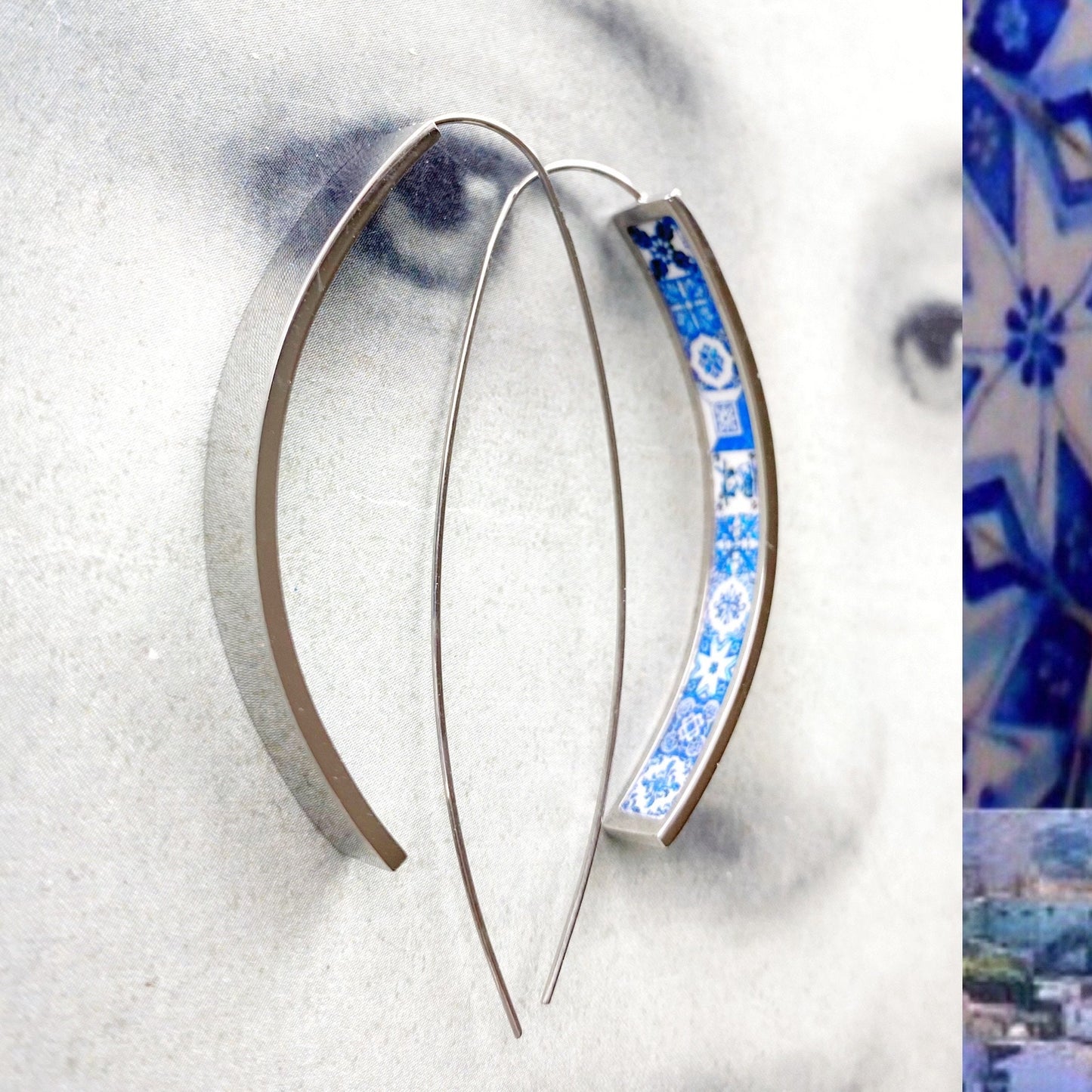 THREADER Earrings Atrio Tile Portugal Silver Stainless Steel Antique Azulejo Tiles on Inside Lightweight Blue Tiles USA Shipping Minimalist