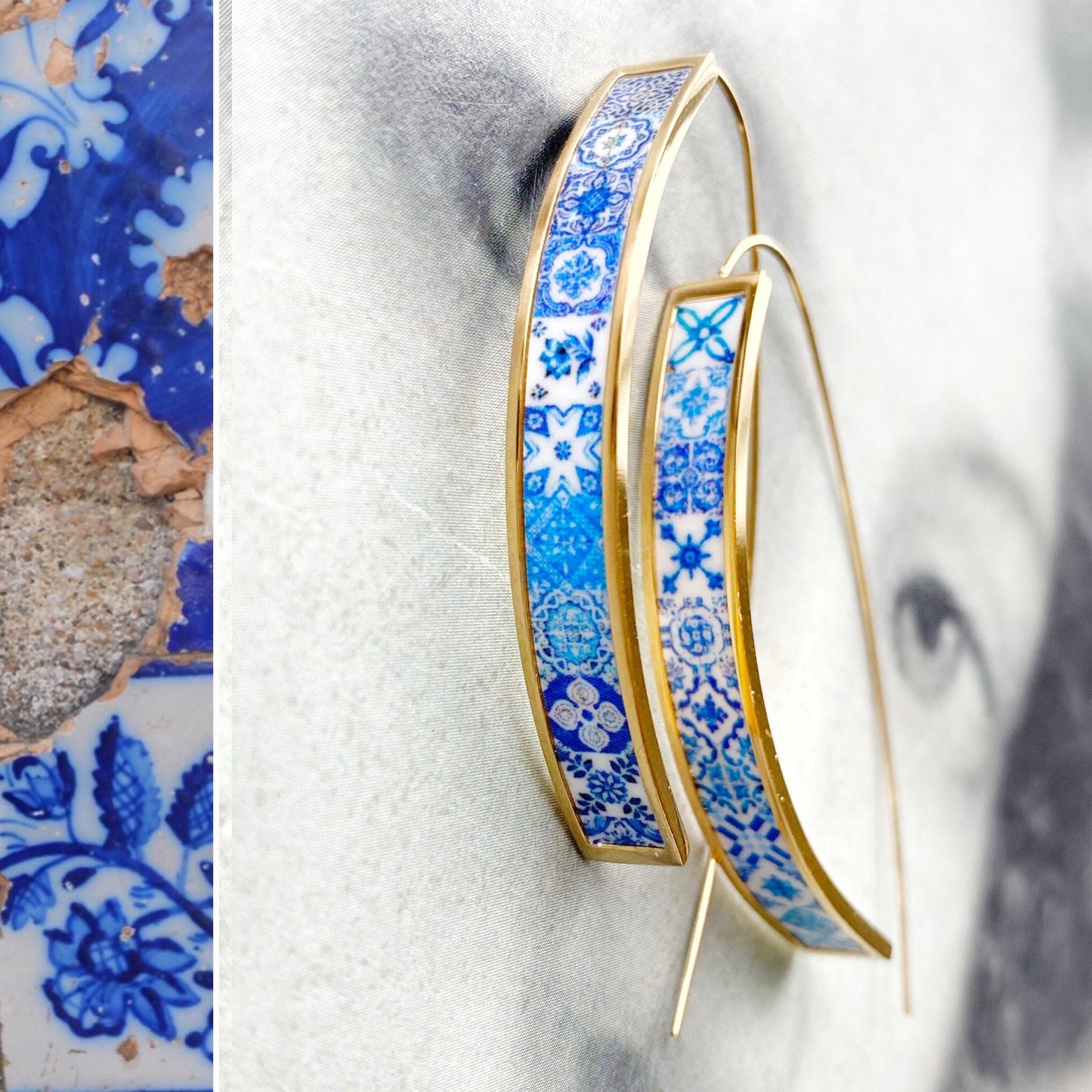 THREADER Earrings Atrio Tile Portugal Stainless Steel Antique Azulejo - Gold Tone Lightweight Blue Tiles USA Shipping Minimalist
