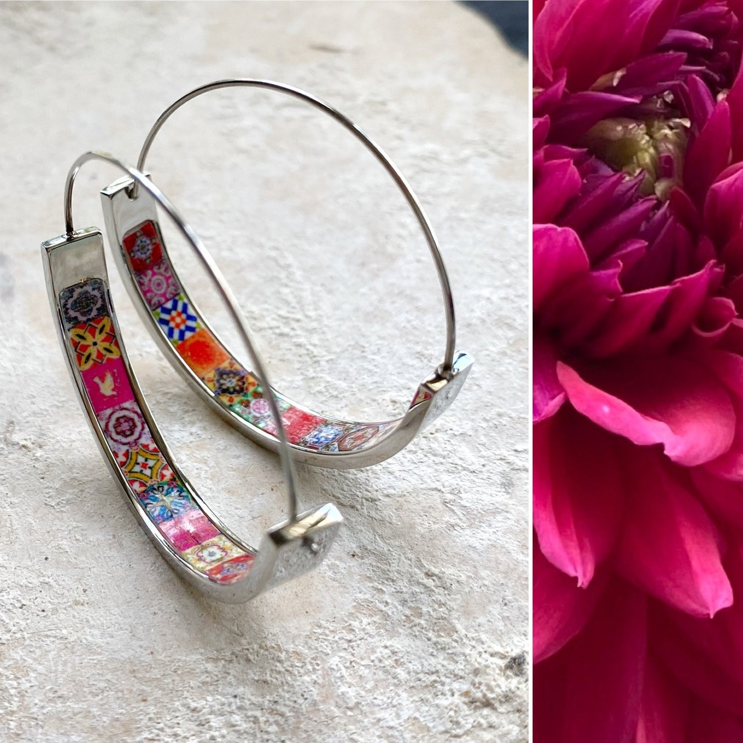 Hoops Atrio Flat Bottom Earrings Tile Portugal Stainless Steel Antique Azulejo - 1.50" Bold Color Talavera Tiles USA Shipping