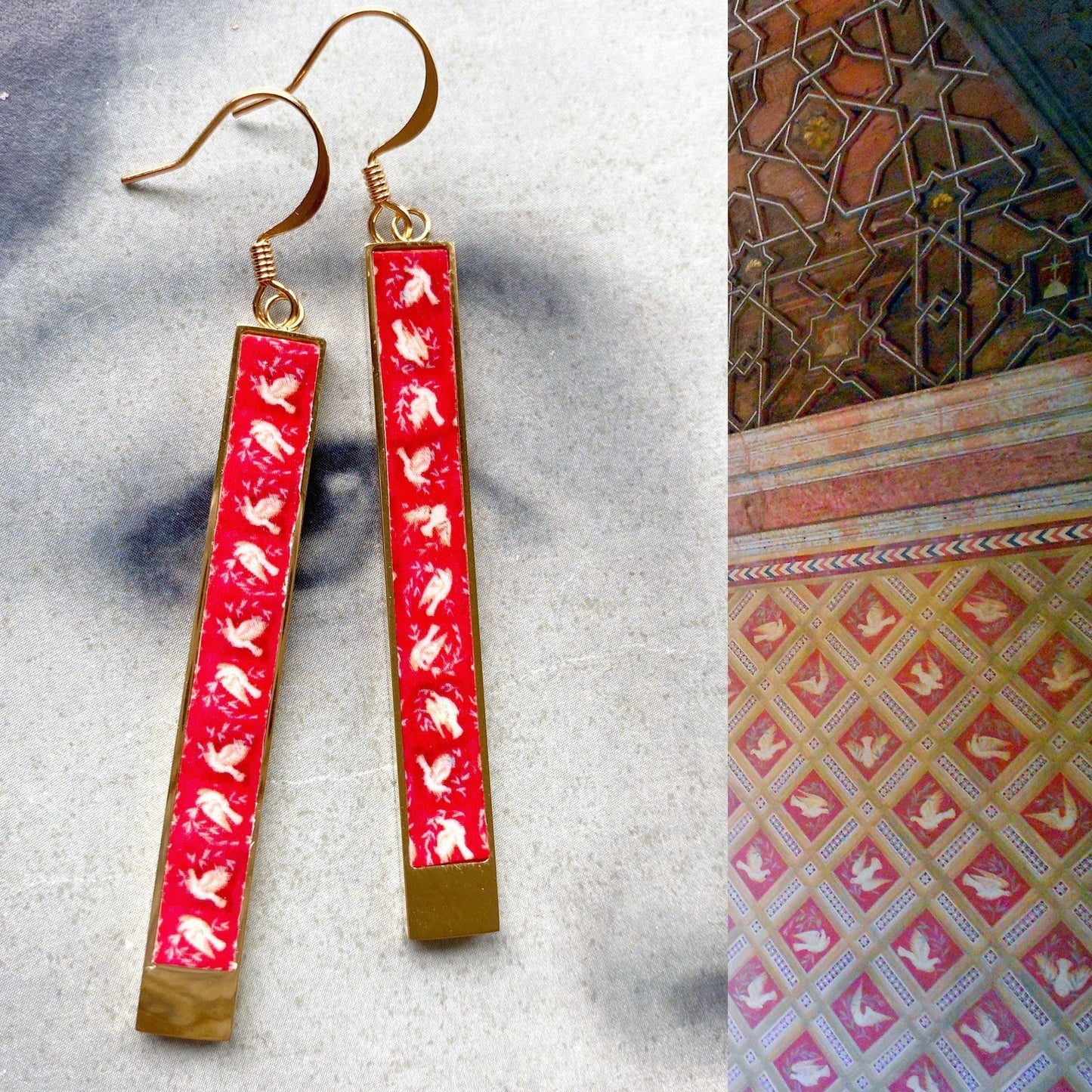 Atrio Bar Earrings Matchstick Doves Portugal Red Frescoes Palace of Sintra Ships from USA Stainless Steel Reversible PEACE 2 Options