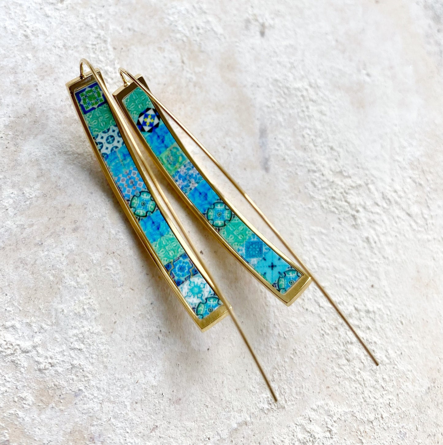 Earrings Atrio THREADER Portugal Tile Turquoise Azulejo Caldas da Rainha Gift Boxed Hypo Allergenic minimal INNER Buried Treasure