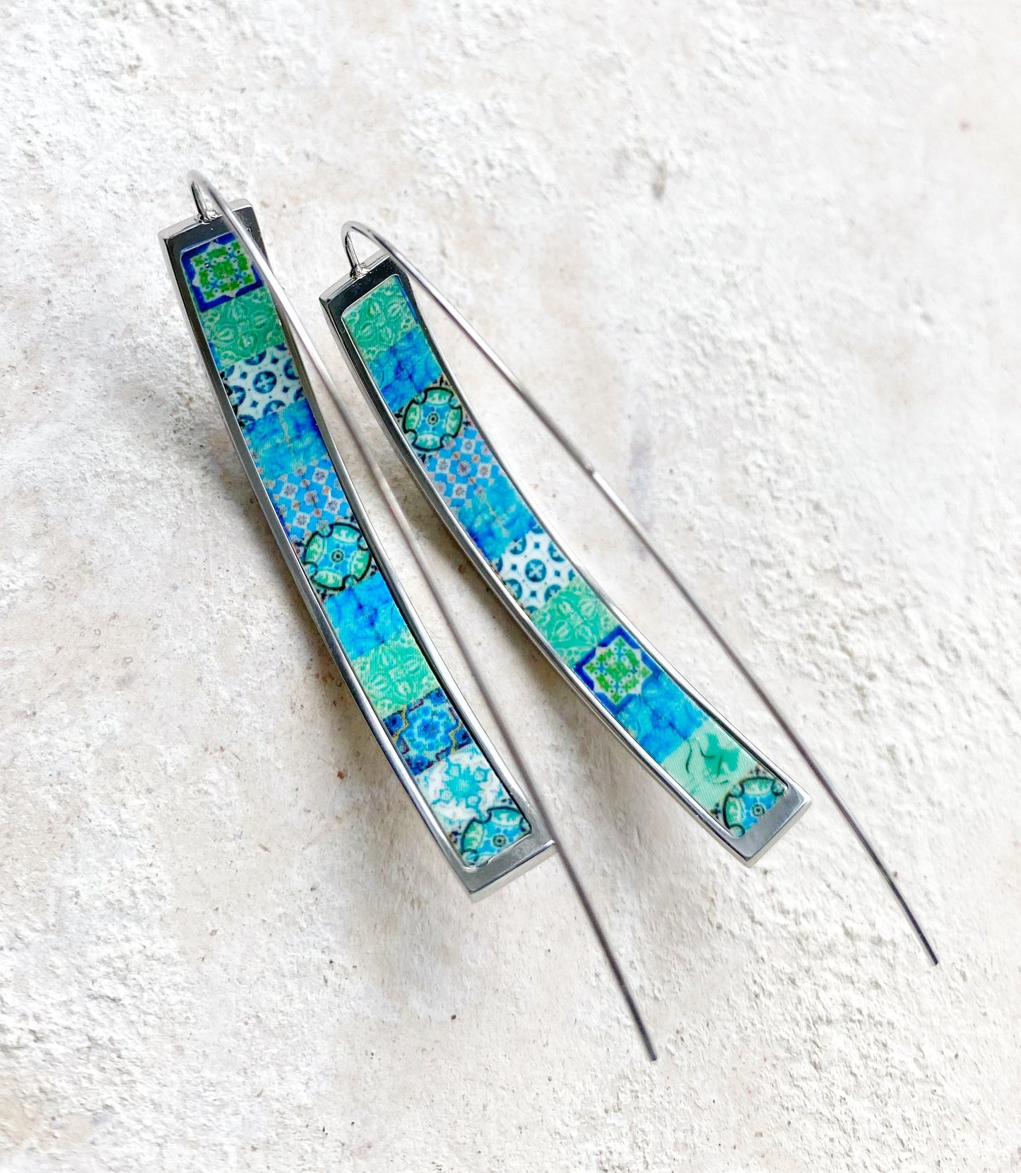 Earrings Atrio THREADER Portugal Tile Turquoise Azulejo Caldas da Rainha Gift Boxed Hypo Allergenic minimal INNER Buried Treasure