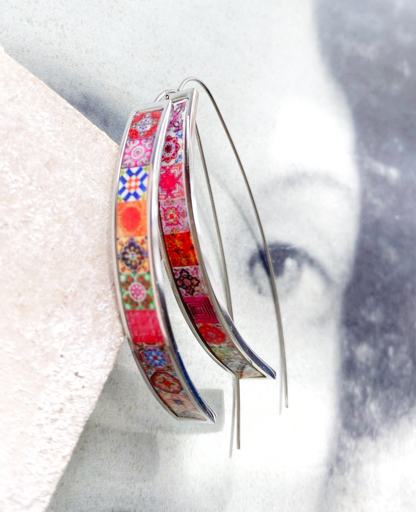 THREADER Earrings Atrio Tile Portugal Stainless Steel Azulejo Pink and Red Tiles USA Shipping Buried Treasure OUTER