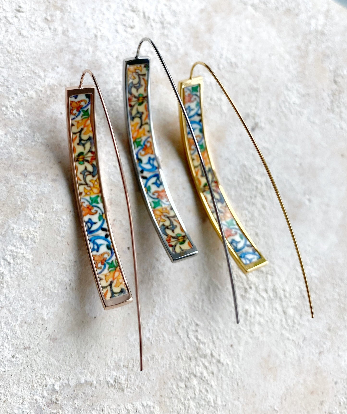 THREADER Earrings Atrio Portugal Tile Antique Azulejo CoIMBRA 1590 Stainless Steel Gift Box Included - Ships from USA INNER Buried Treasure