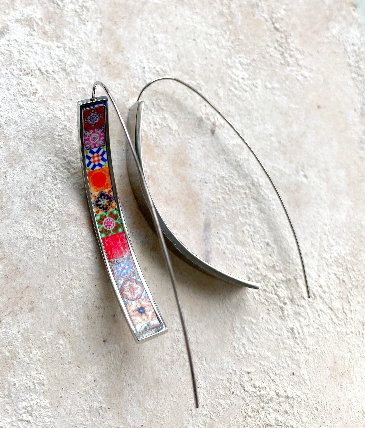 THREADER Earrings Atrio Tile Portugal Stainless Steel Azulejo Pink and Red Tiles USA Shipping Buried Treasure INNER