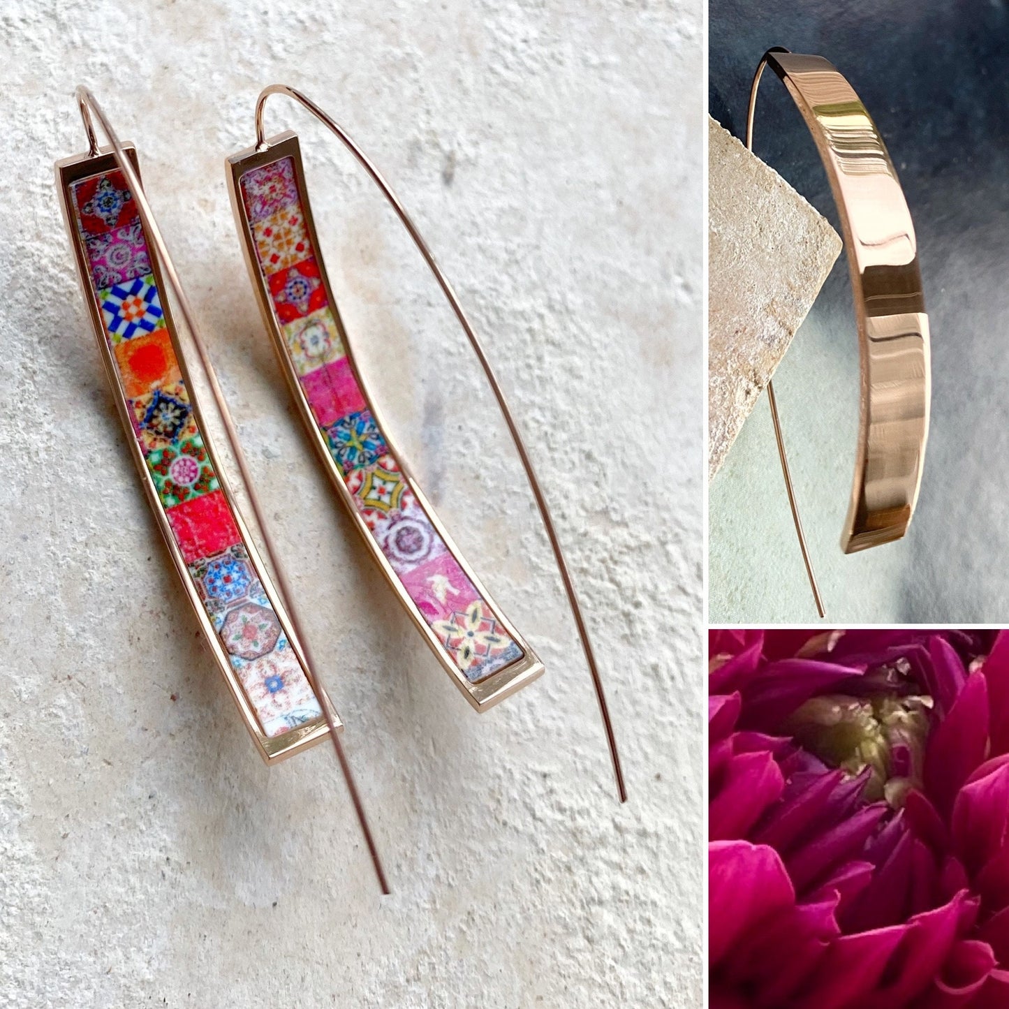 THREADER Earrings Atrio Tile Portugal Stainless Steel Azulejo Pink and Red Tiles USA Shipping Buried Treasure INNER