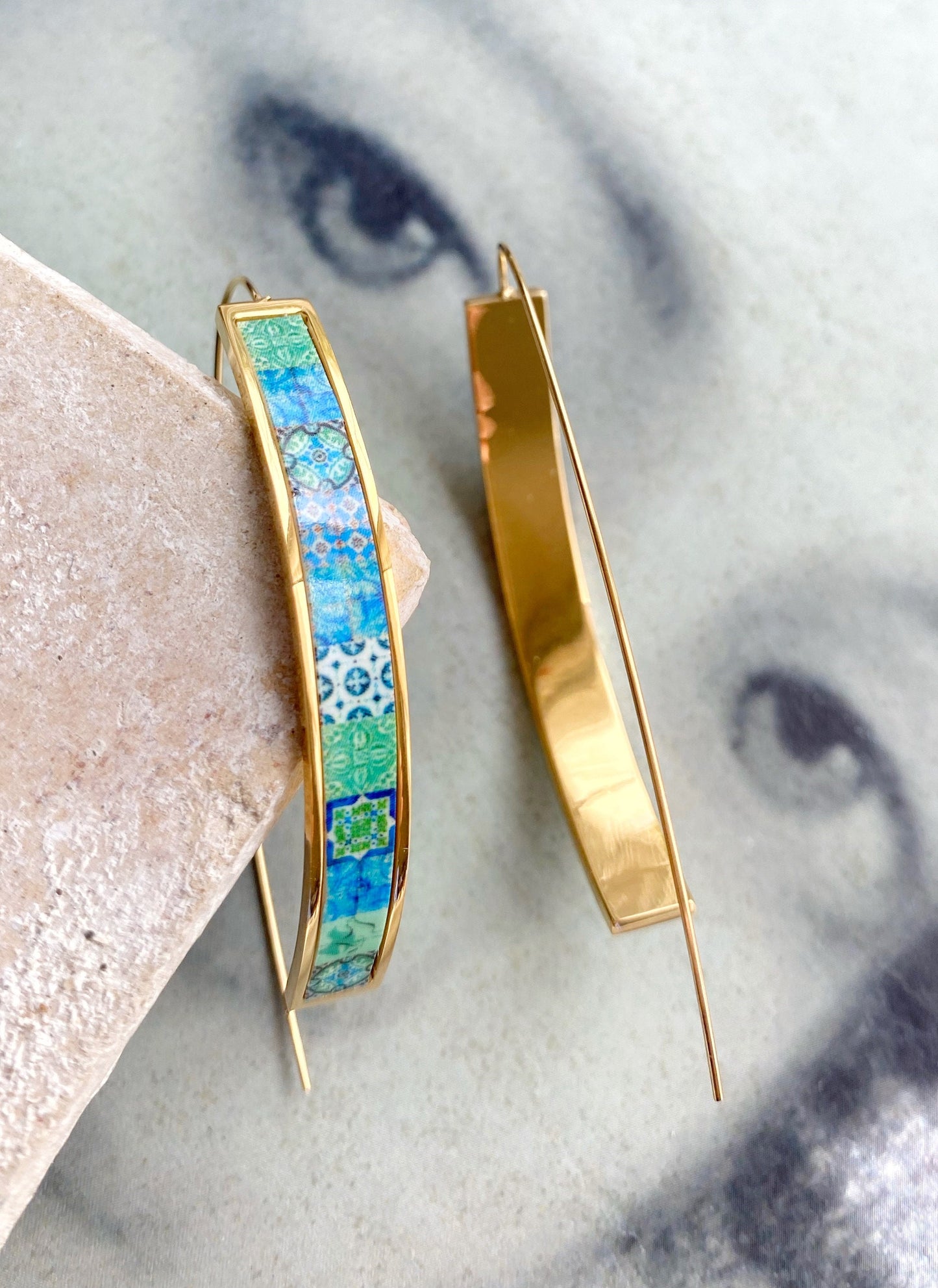 Earrings Atrio THREADER Portugal Tile Turquoise Azulejo Caldas da Rainha Gift Boxed Hypo Allergenic minimal OUTER