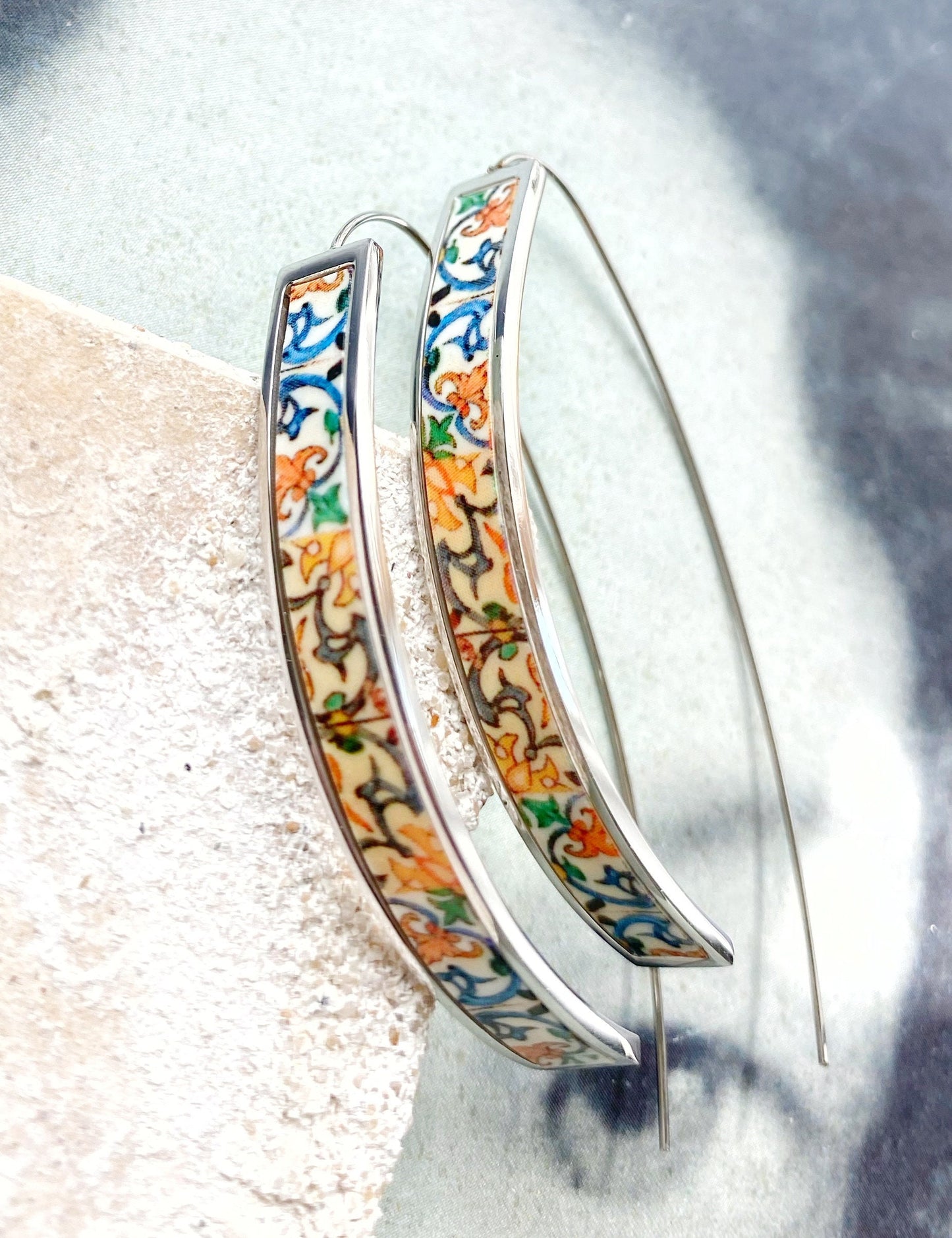 THREADER Earrings Atrio Portugal Tile Antique Azulejo CoIMBRA 1590 Stainless Steel Gift Box Included - Ships from USA OUTER