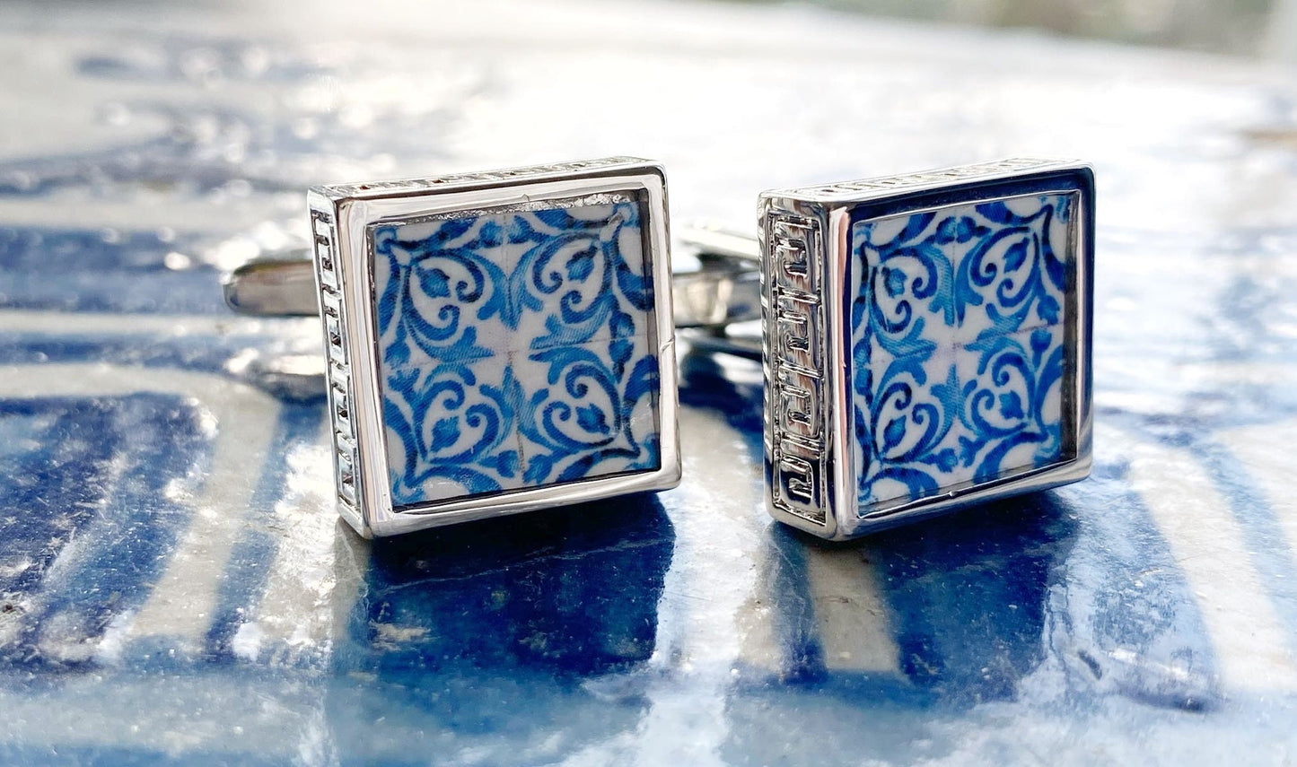 Cuff Links Portugal Tile Antique Azulejo Tile Blue Groom Father Husband Church of Mercy PORTO Built in 1590 Gift Box Included! Greek Key