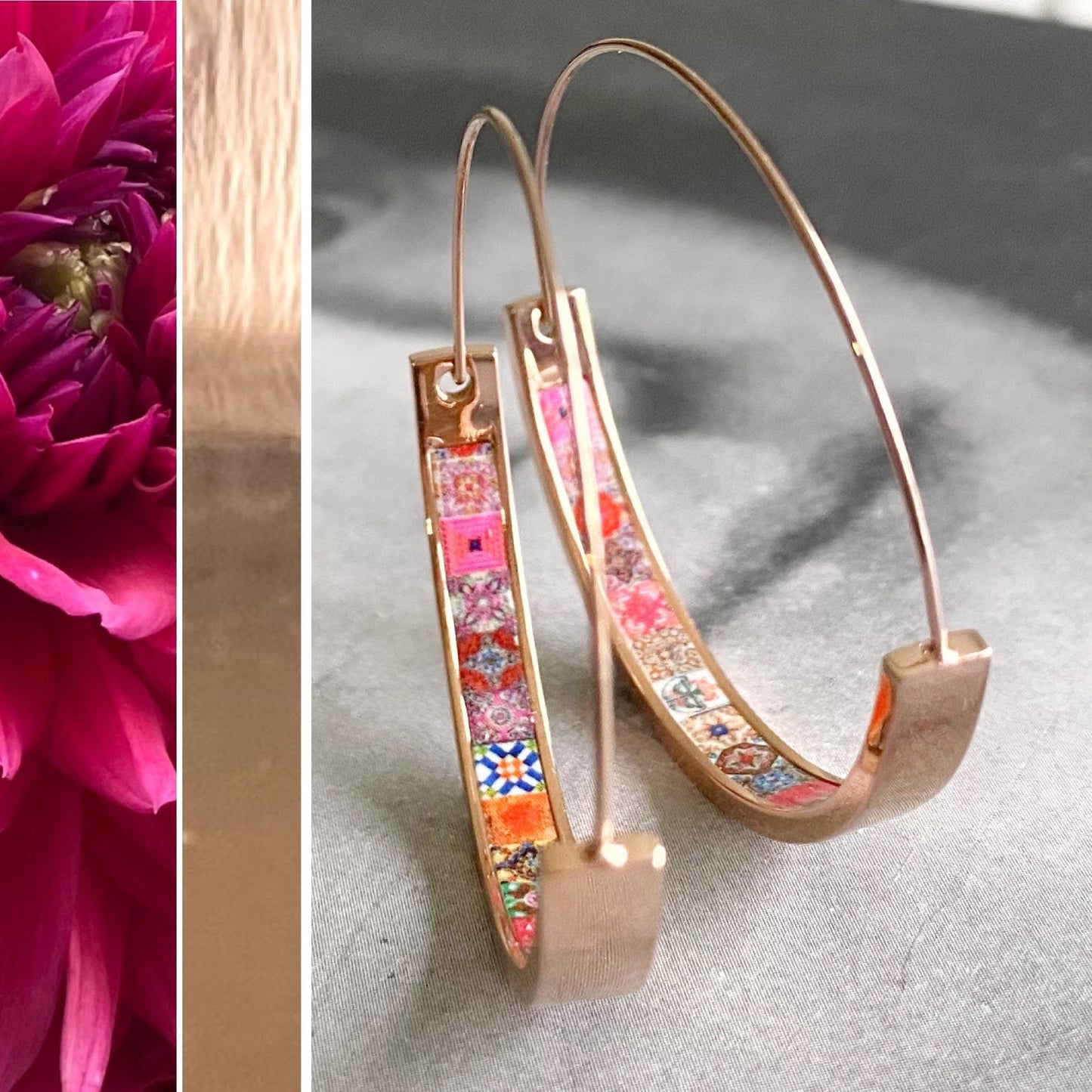 Hoops Earrings Hoop Atrio Tile BERRY Red Azulejo Portugal STAINLESS Steel Pinterest Delicate 1.5" Ships from USA Rose Gold