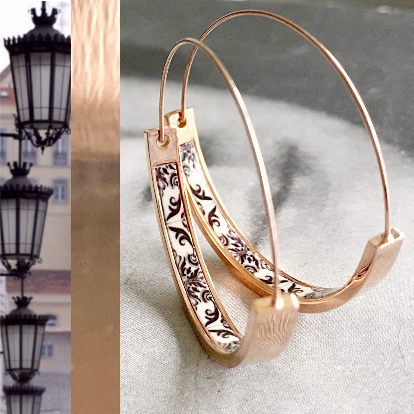 Atrio Hoops Earrings Black and White Tile Portugal Antique Azulejo STAINLESS Steel Hypoallergenic Church of Mercy 1.50” Rose Gold Tone